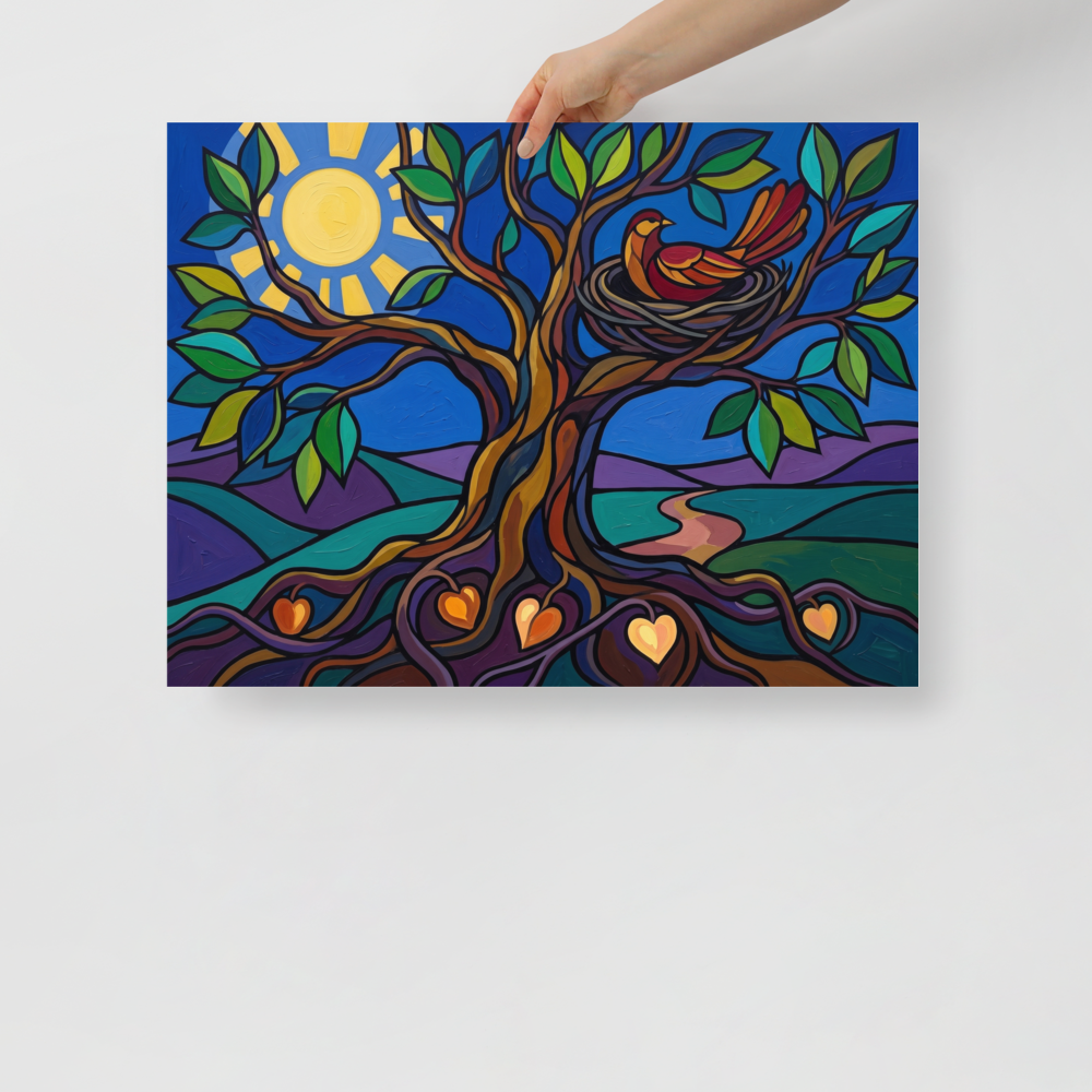 'The Tree of Nurture' — a Cloisonnism print. A bright Cloisonnism style painting of a tree with a bird nest and heart-shaped roots under a large sun, perfect for a cozy nursery.