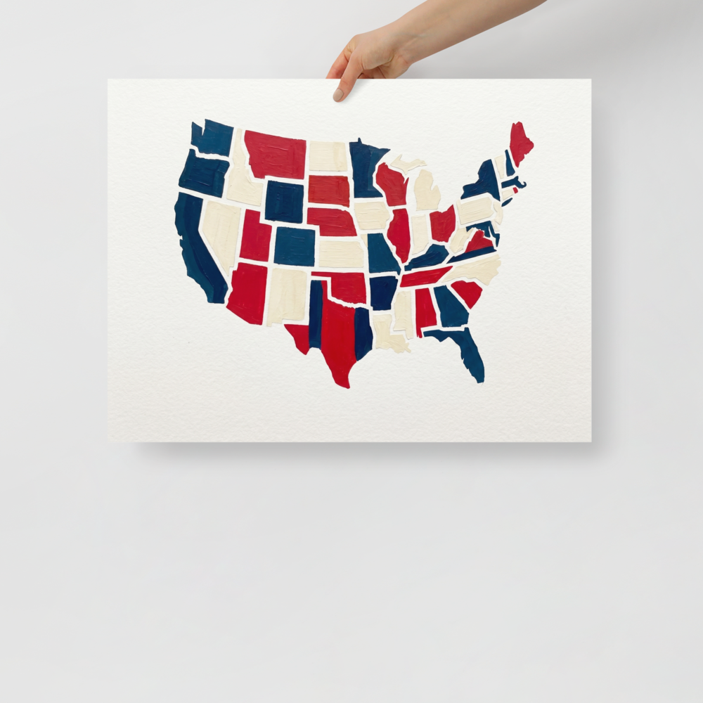 'The Patchwork States' — a Abstract art,Pop art print. An abstract, textured painting of the United States map in red, white, and blue, perfect for an office.
