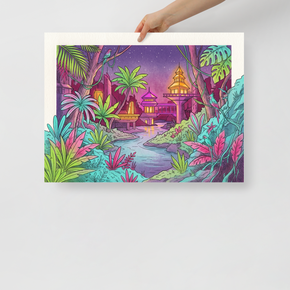 'Neon Nights in the Jungle' — a Retrofuturism,Psychedelic art print. A vibrant, neon-colored illustration of a futuristic jungle city with glowing pagodas, tropical plants, and a starry night sky.