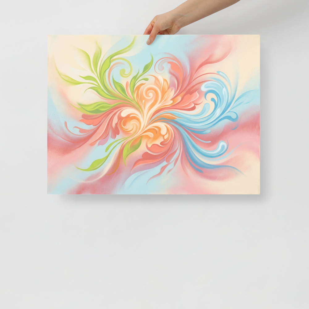 'Whispering Zephyr' — a Abstract art print. An abstract airbrush painting of flowing pastel curves in orange, green, and blue, bringing gentle energy to a sunroom.