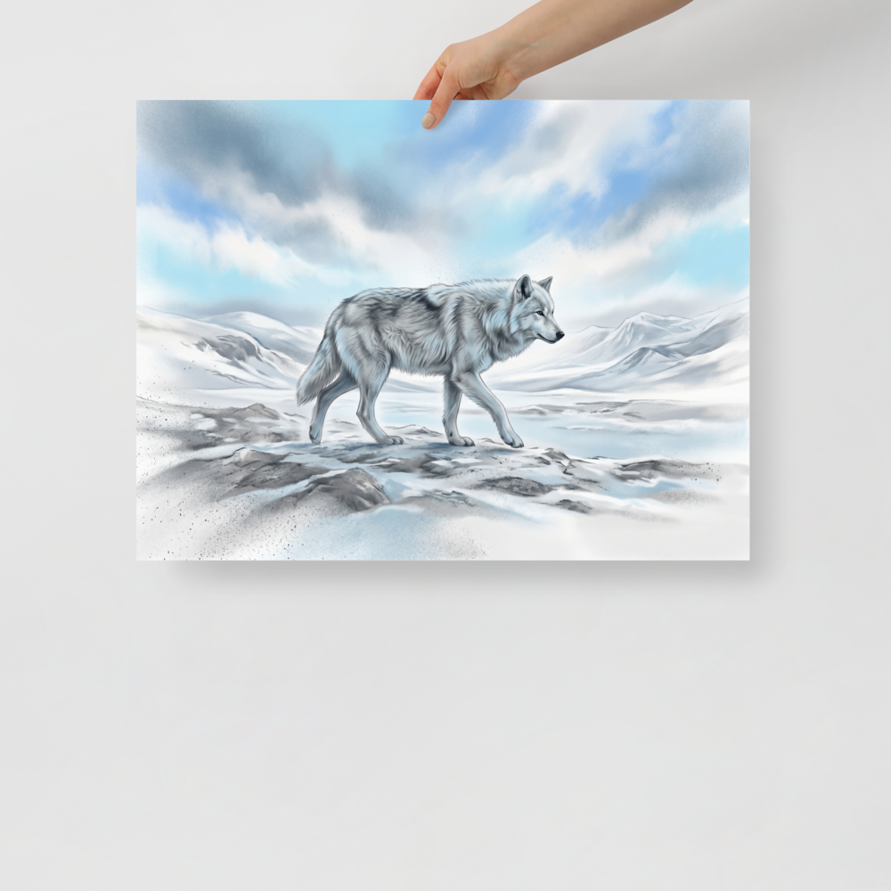 'Solitary Frost' — a Realism print. A majestic white wolf walking across a snowy landscape, perfect for a rustic cabin wall.