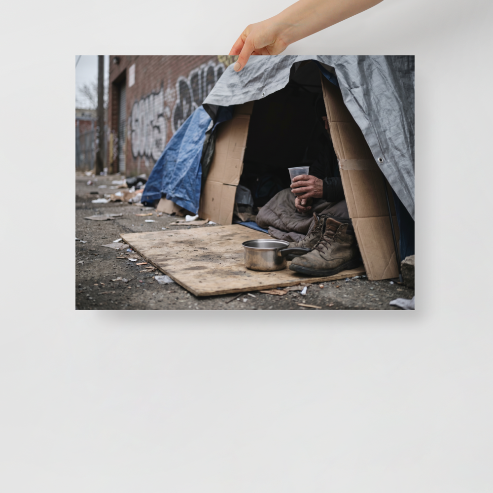 'Urban Realities' — a Art photography print. A photograph of a makeshift shelter made of tarps and cardboard on a dirty city street, with a person sitting inside holding a cup, a striking piece for a Gallery.