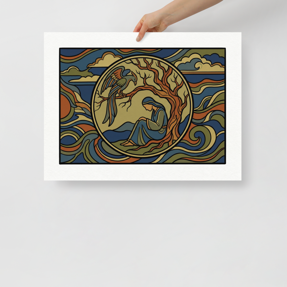 'Mythic Solitude' — a Cloisonnism,Symbolism print. A Cloisonnism style illustration of a woman sitting under a tree with a large bird perched above her, surrounded by wavy stained-glass patterns. Ideal for a library.