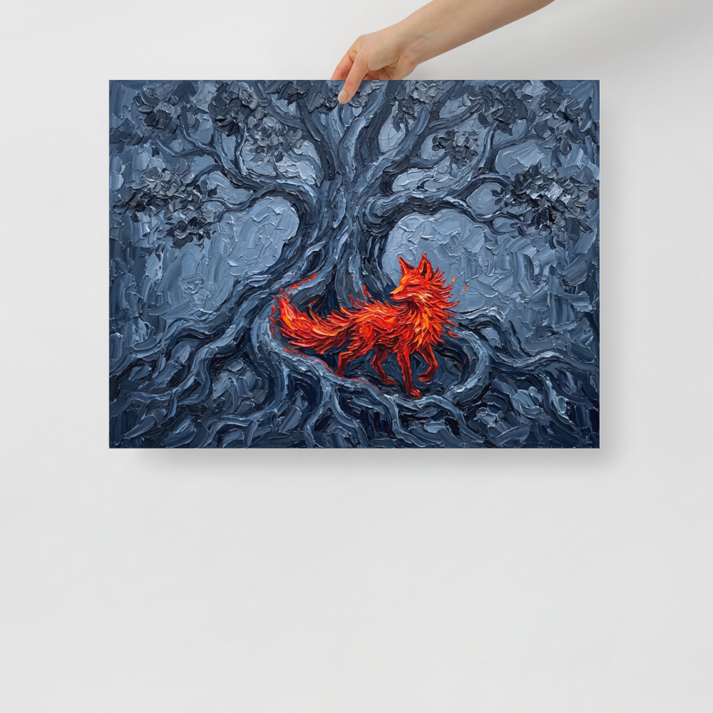'The Fox in the Shadows' — a Expressionism print. An impasto painting of a bright red fox among dark twisting roots, bringing a touch of the wild to an Office.