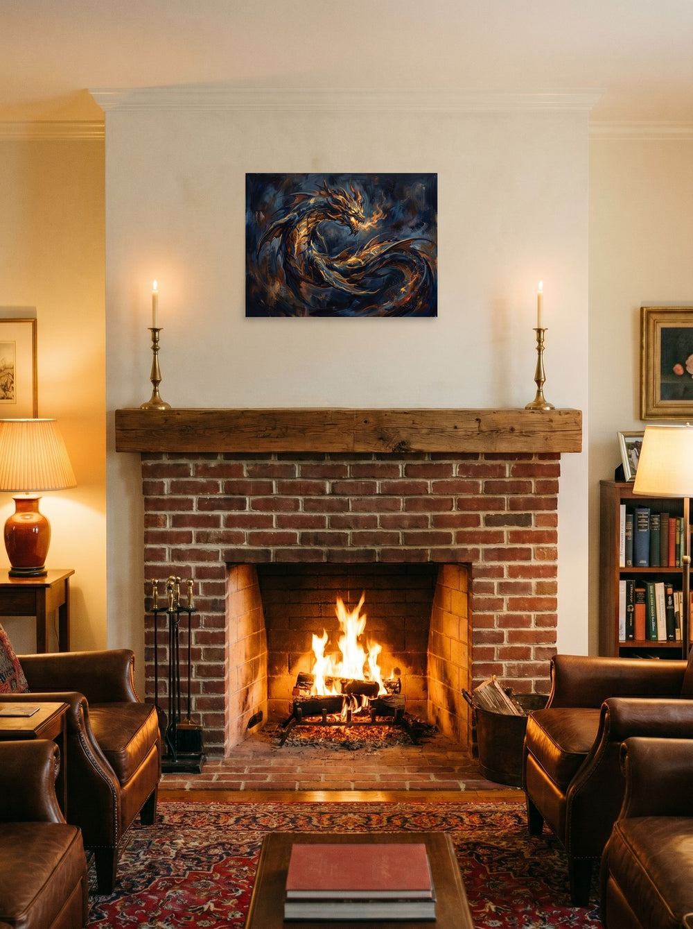 Mockup of 'Breath of Ember' as a 24x18 inch unframed paper print, styled on a mantel above a fireplace.