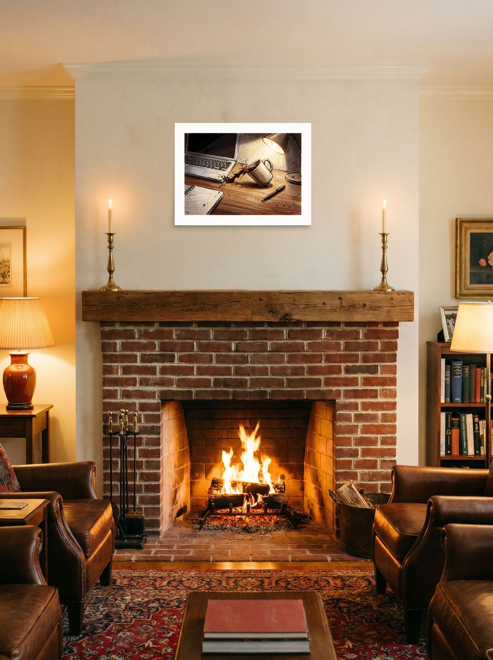 'The Coffee Spill' hung over a fireplace as a focal point, printed as unframed paper at 24x18 inch.