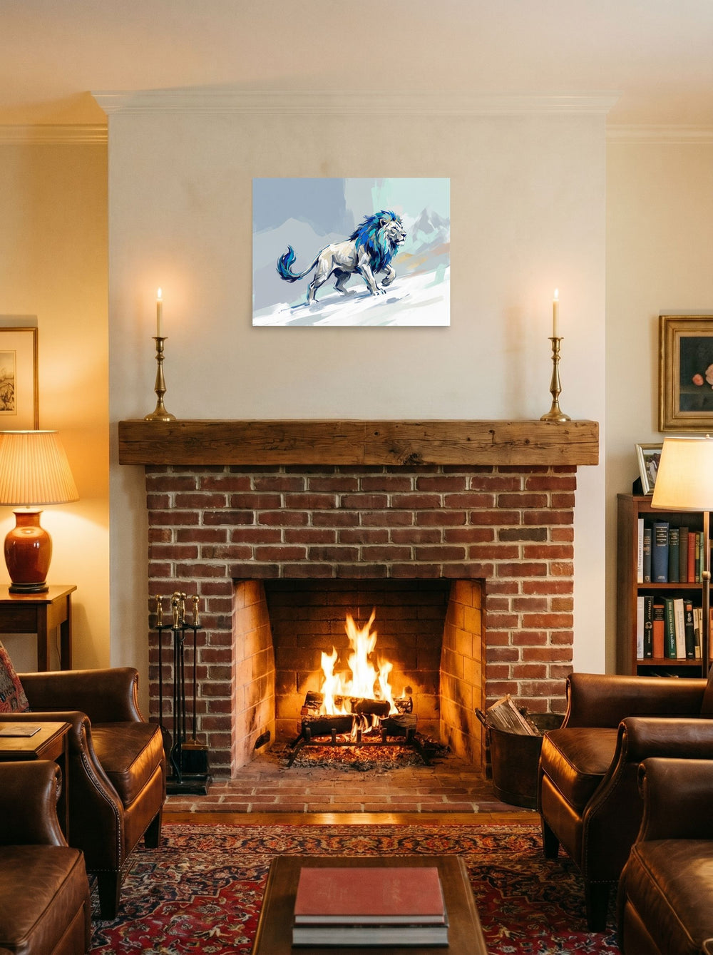 'Frost Guardian Lion' in 24x18 inch unframed paper, styled on a mantel above a fireplace.