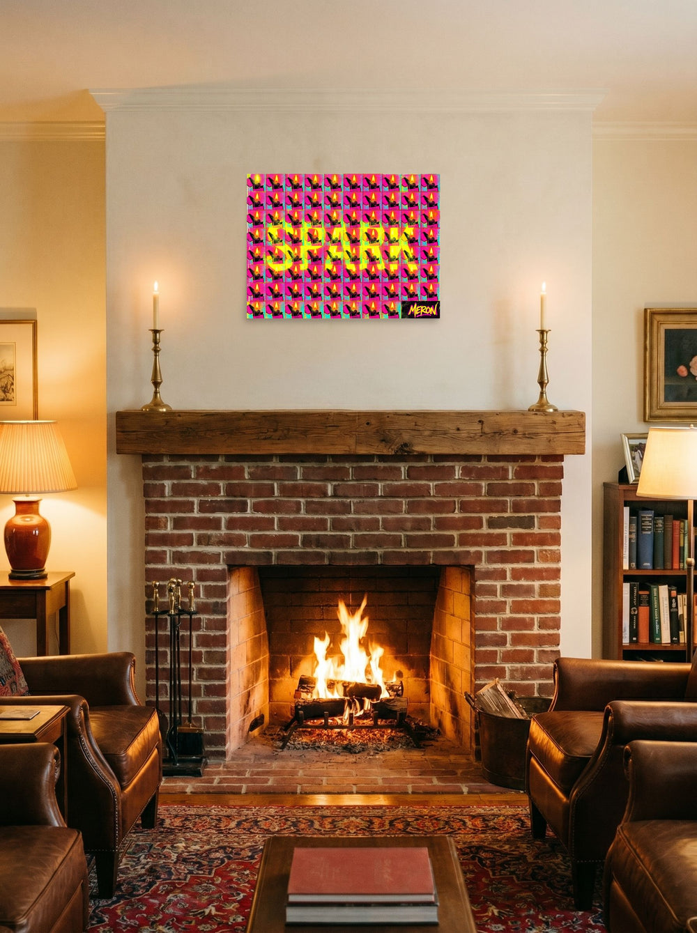 A 24x18 inch unframed paper Pop art print of 'Magenta Spark Grid' displayed above a fireplace.