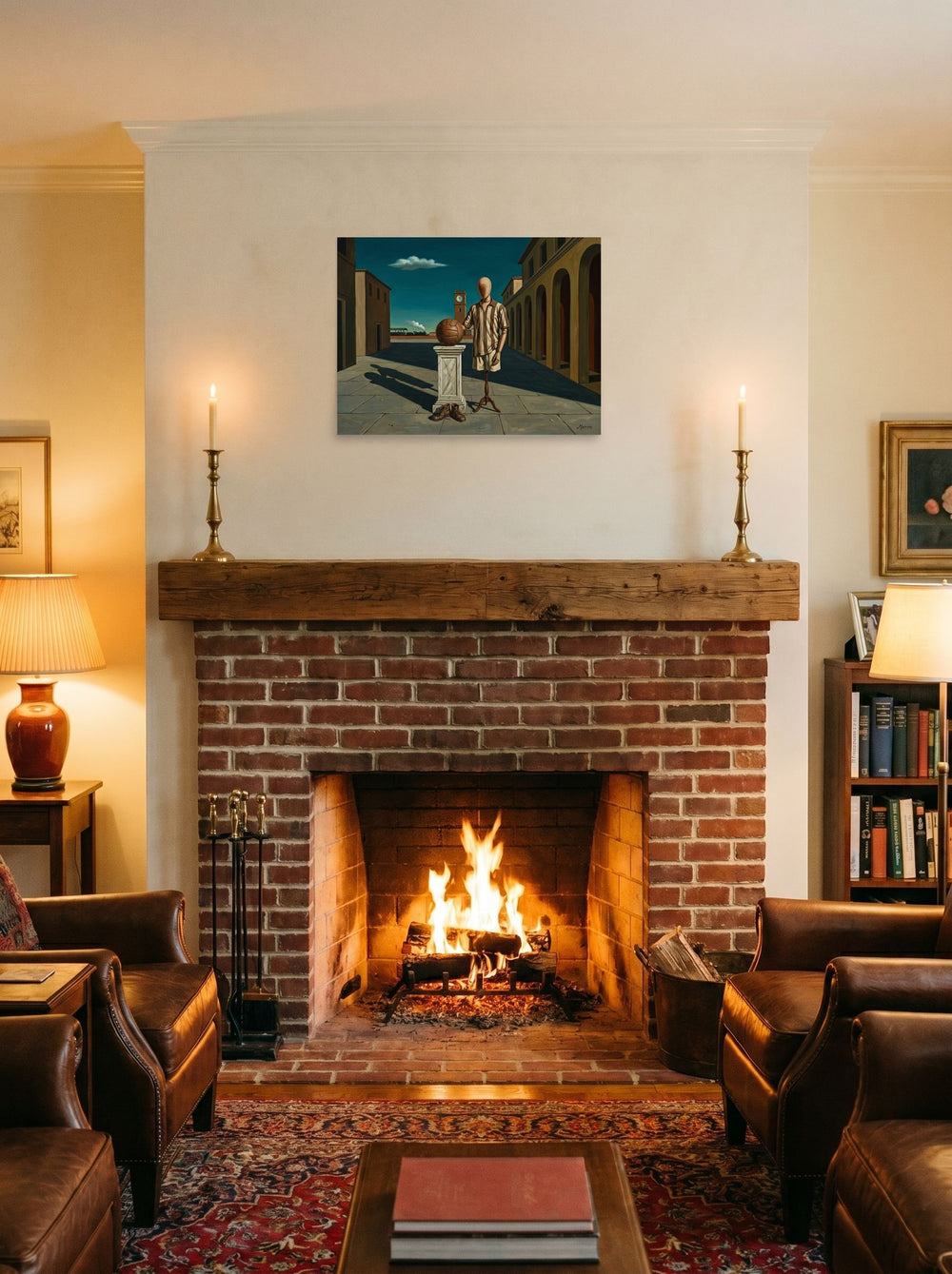 A 24x18 inch unframed paper Metaphysical painting print of 'The Athlete's Illusion' displayed above a fireplace.