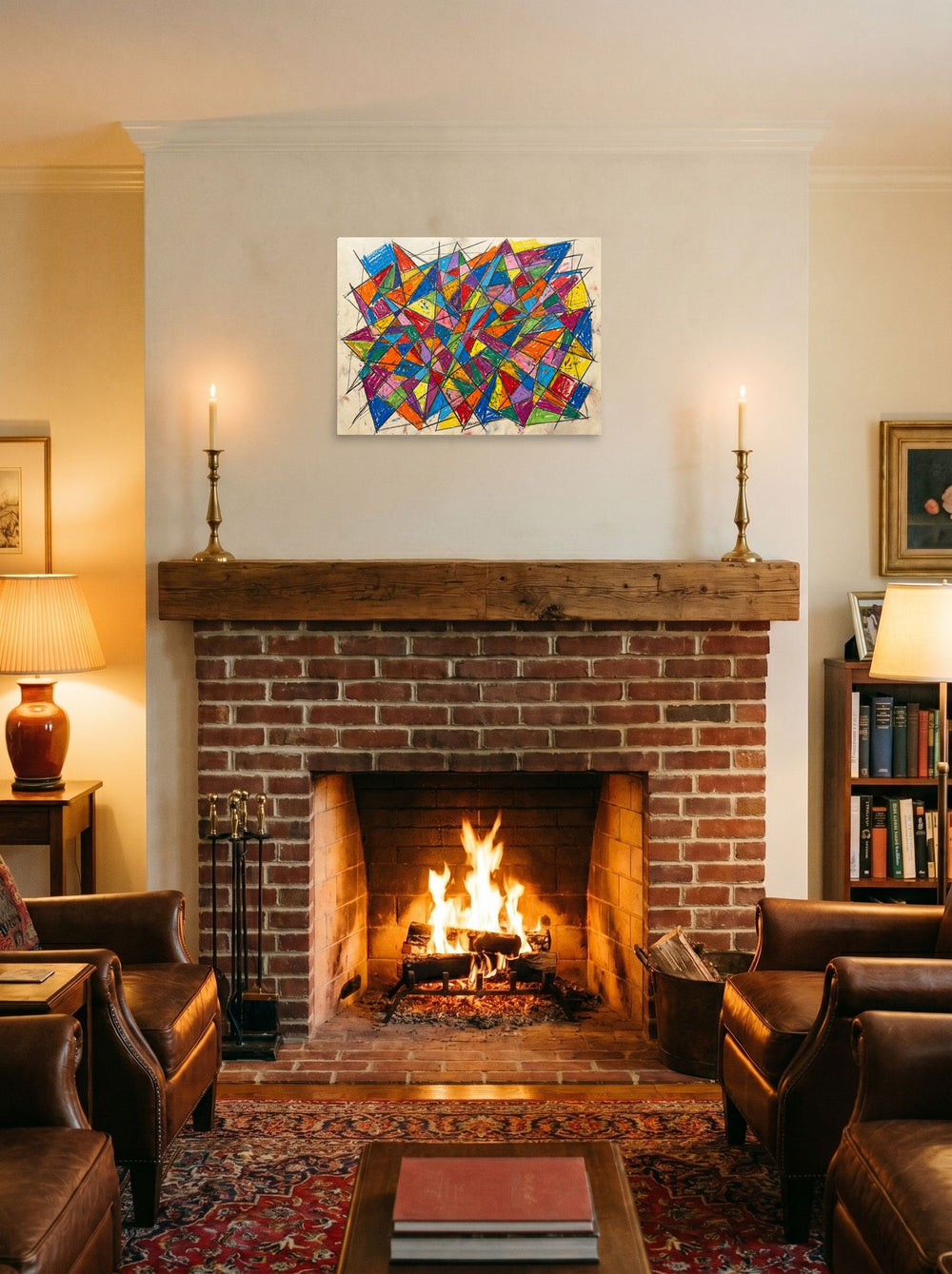 A 24x18 inch unframed paper Geometric abstract art,Cubism print of 'Prismatic Chaos' displayed above a fireplace.