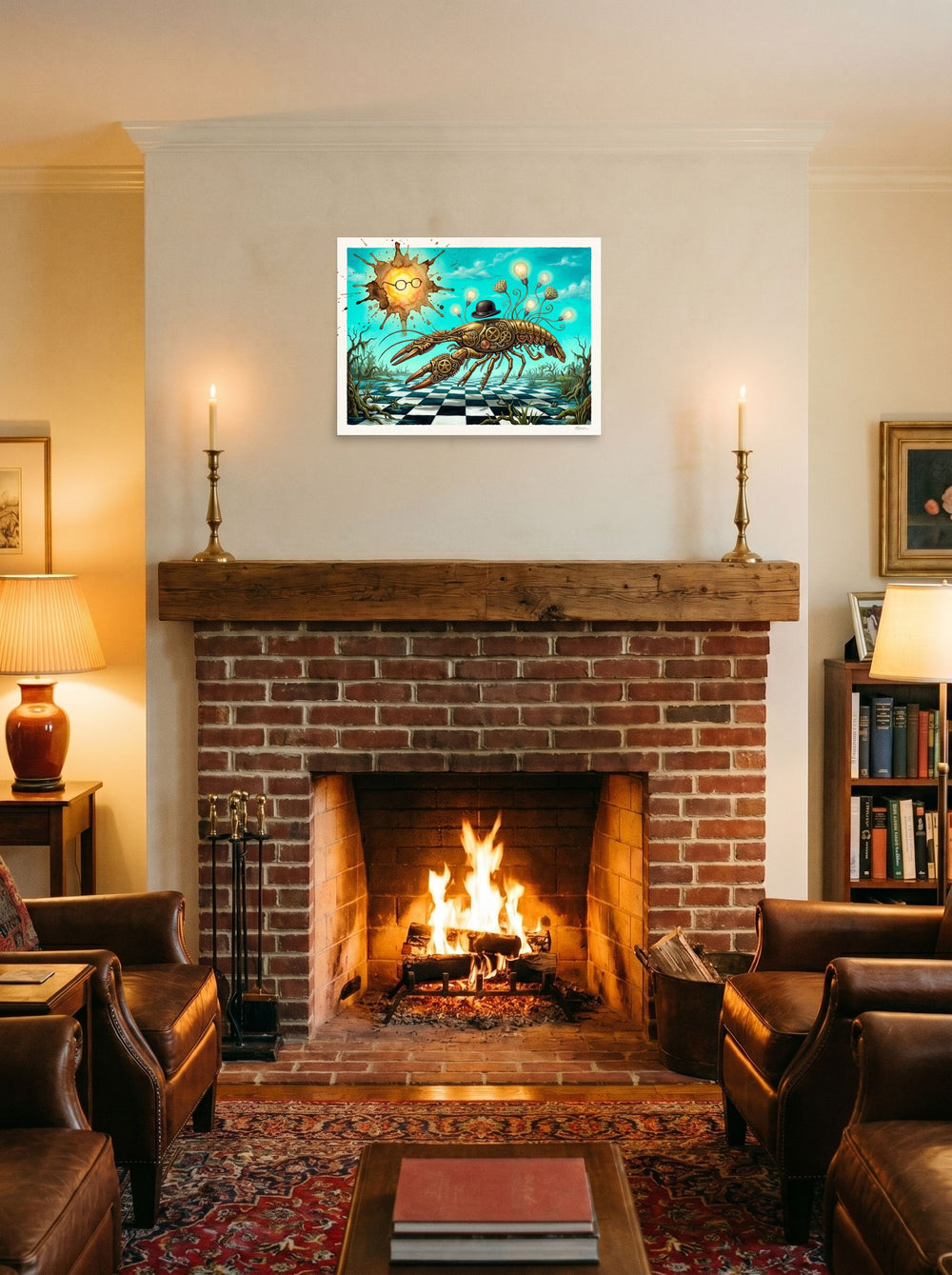 A unframed paper print of the Surrealism artwork 'The Clockwork Lobster', hung over a fireplace as a focal point.