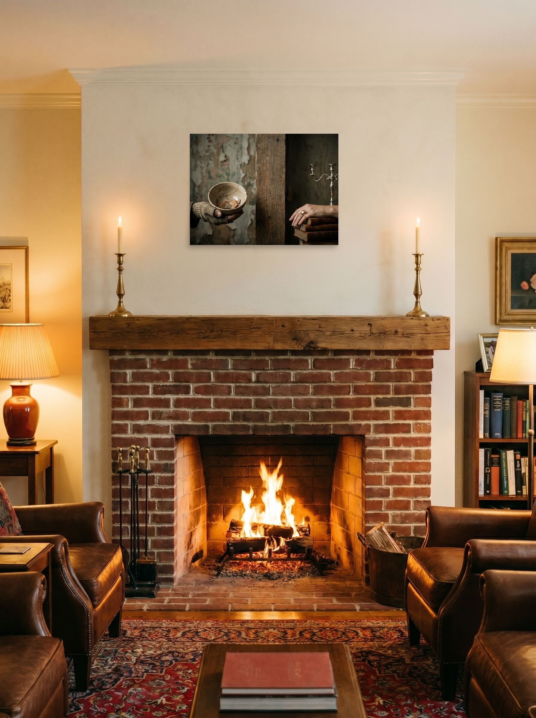 A 24x18 inch unframed paper Art photography print of 'The Divide' displayed above a fireplace.