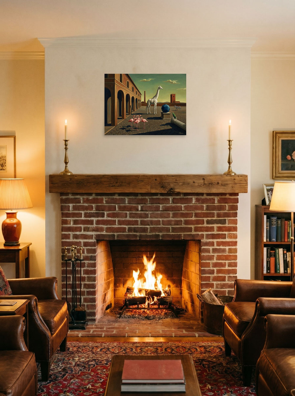 A 24x18 inch unframed paper Surrealism print of 'The Giraffe's Geometry' displayed above a fireplace.
