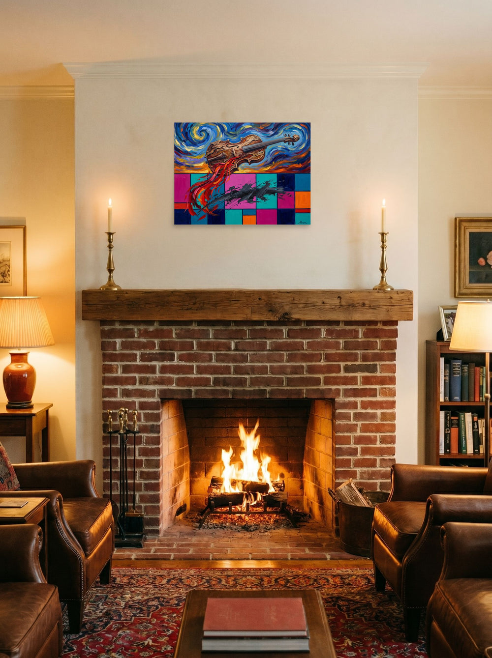 A 24x18 inch unframed paper version of 'Symphony of Two Realms', Post-Impressionism wall art, hung over a fireplace as a focal point.