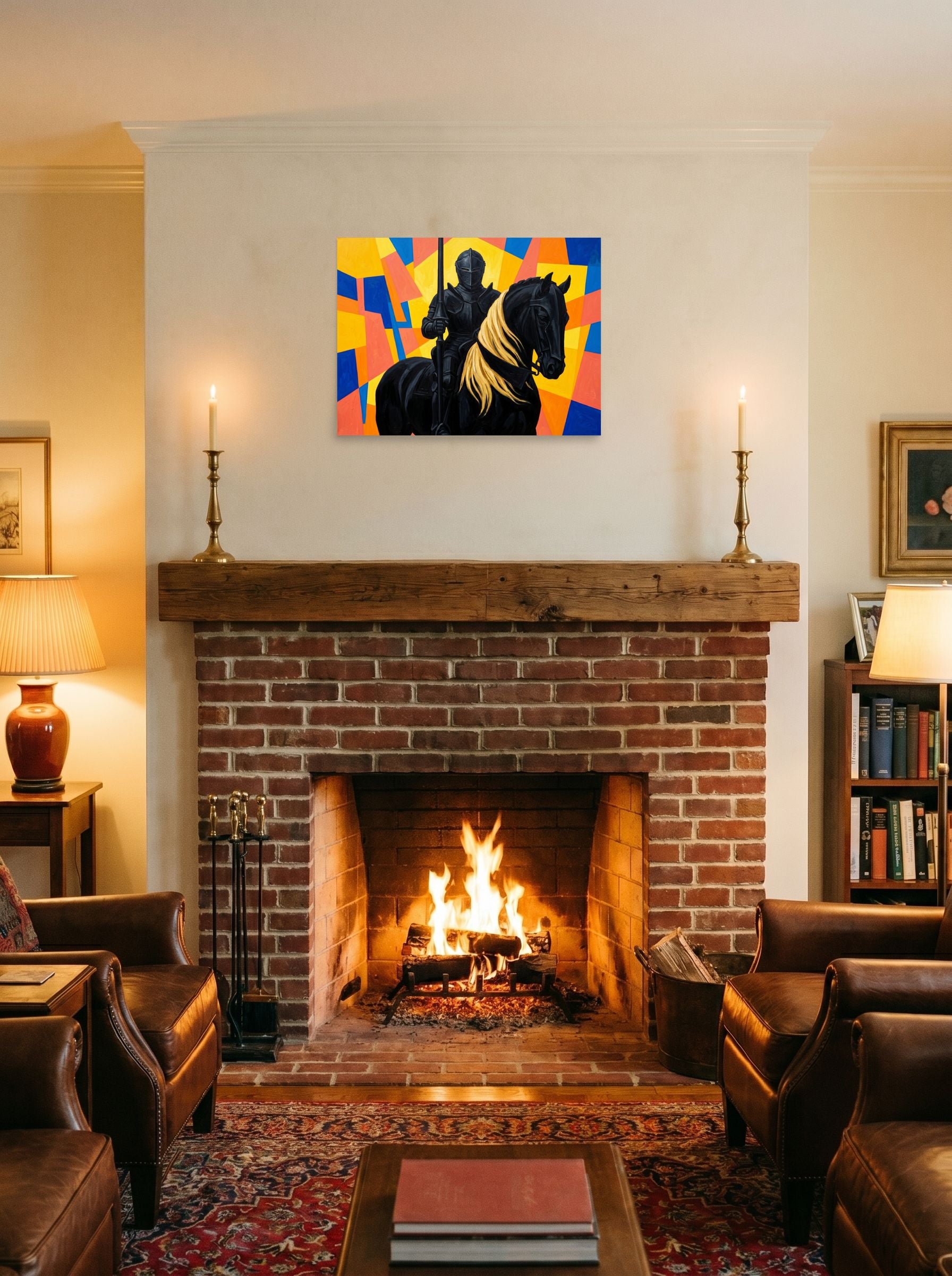 A 24x18 inch unframed paper Cubism,Figurative art print of 'The Abstract Knight' displayed above a fireplace.