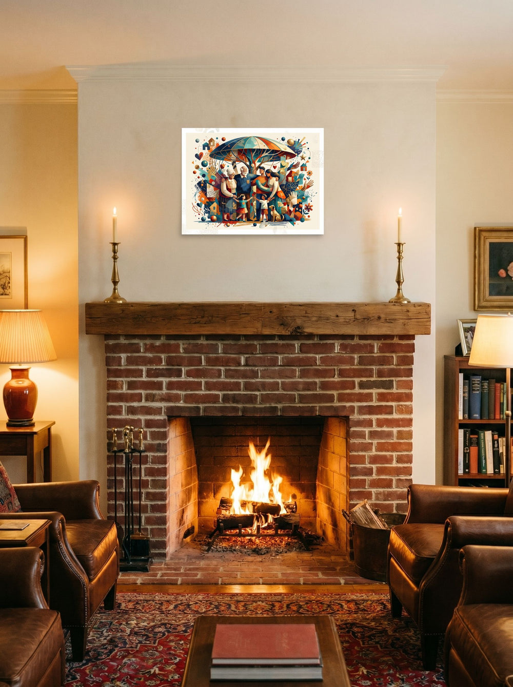 A 24x18 inch unframed paper version of 'Under the Family Canopy', Figurative art wall art, styled on a mantel above a fireplace.