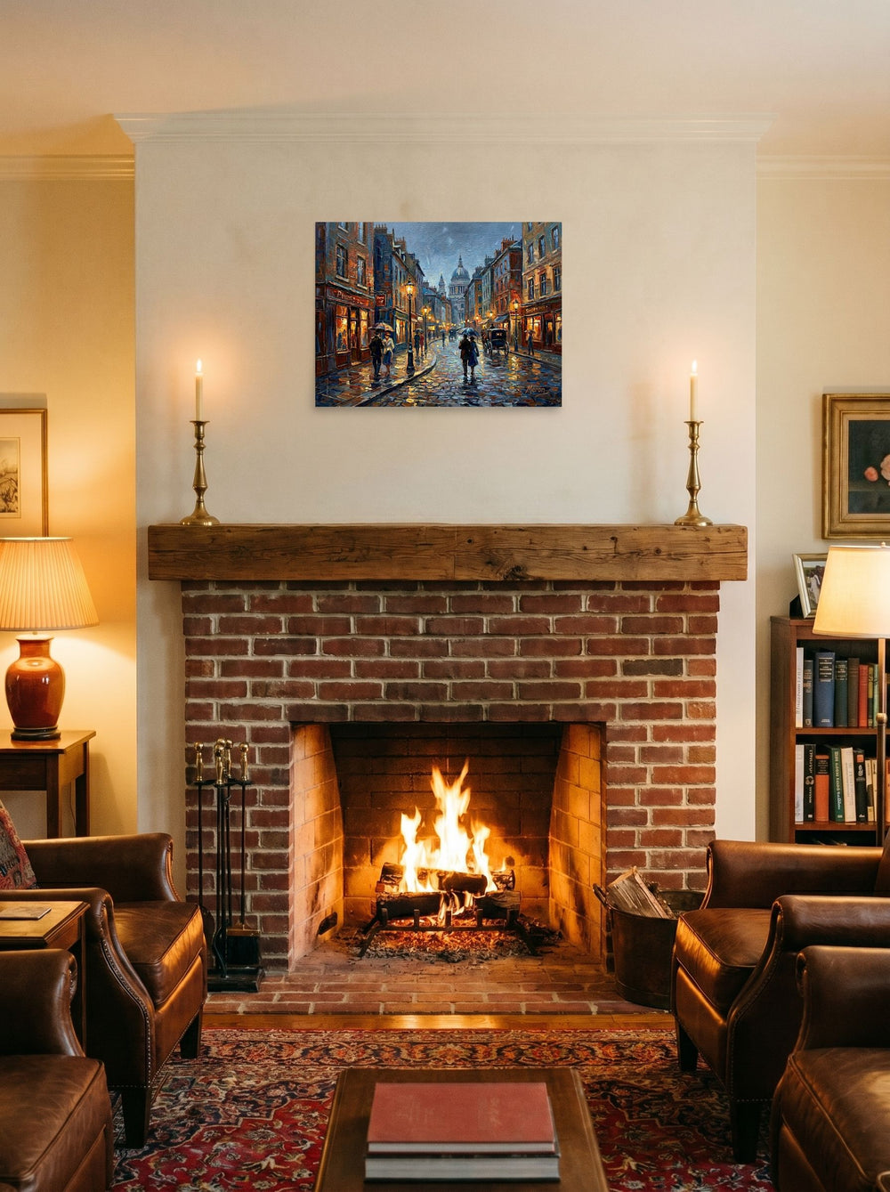 A 24x18 inch unframed paper Impressionism print of 'Evening Rain in the City' displayed above a fireplace.