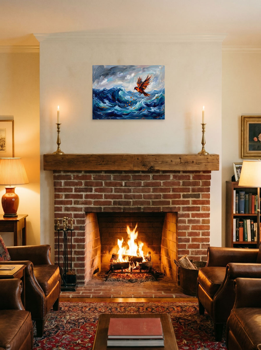 'Jingwei Fills the Sea' in 24x18 inch unframed paper, hung over a fireplace as a focal point.
