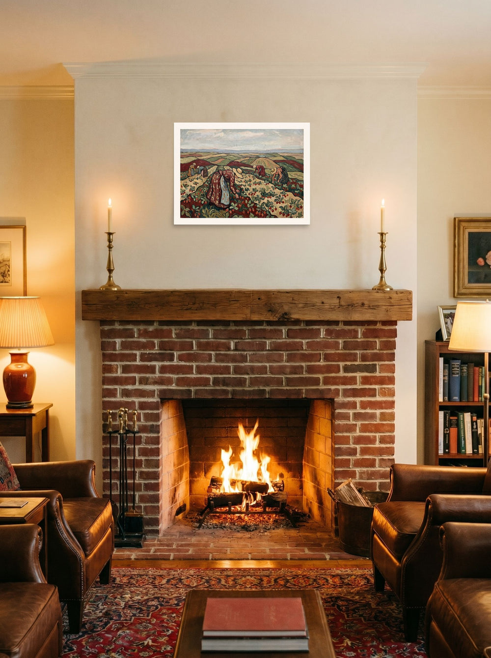 'Strawberry Harvest in Rolling Hills' as a unframed paper print, 24x18 inch, hung over a fireplace as a focal point.