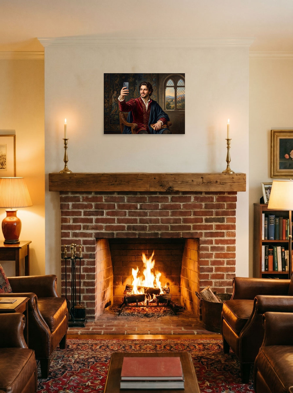 Renaissance wall art 'The Courtly Selfie', unframed paper at 24x18 inch, displayed above a fireplace.