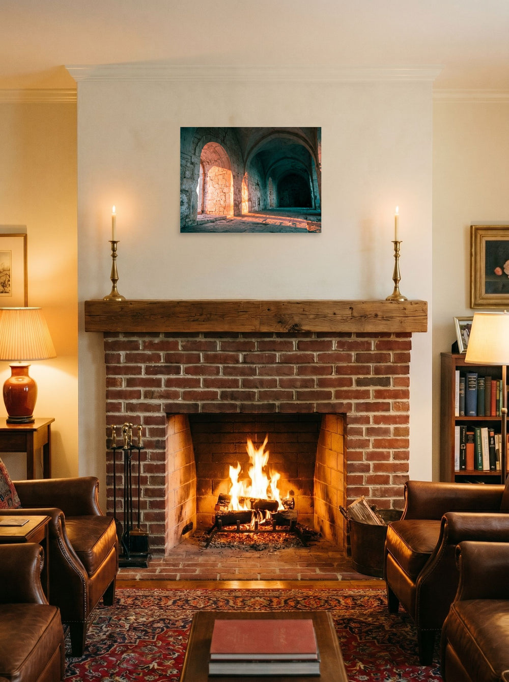 A 24x18 inch unframed paper Art photography print of 'Arches at Sunset' displayed above a fireplace.