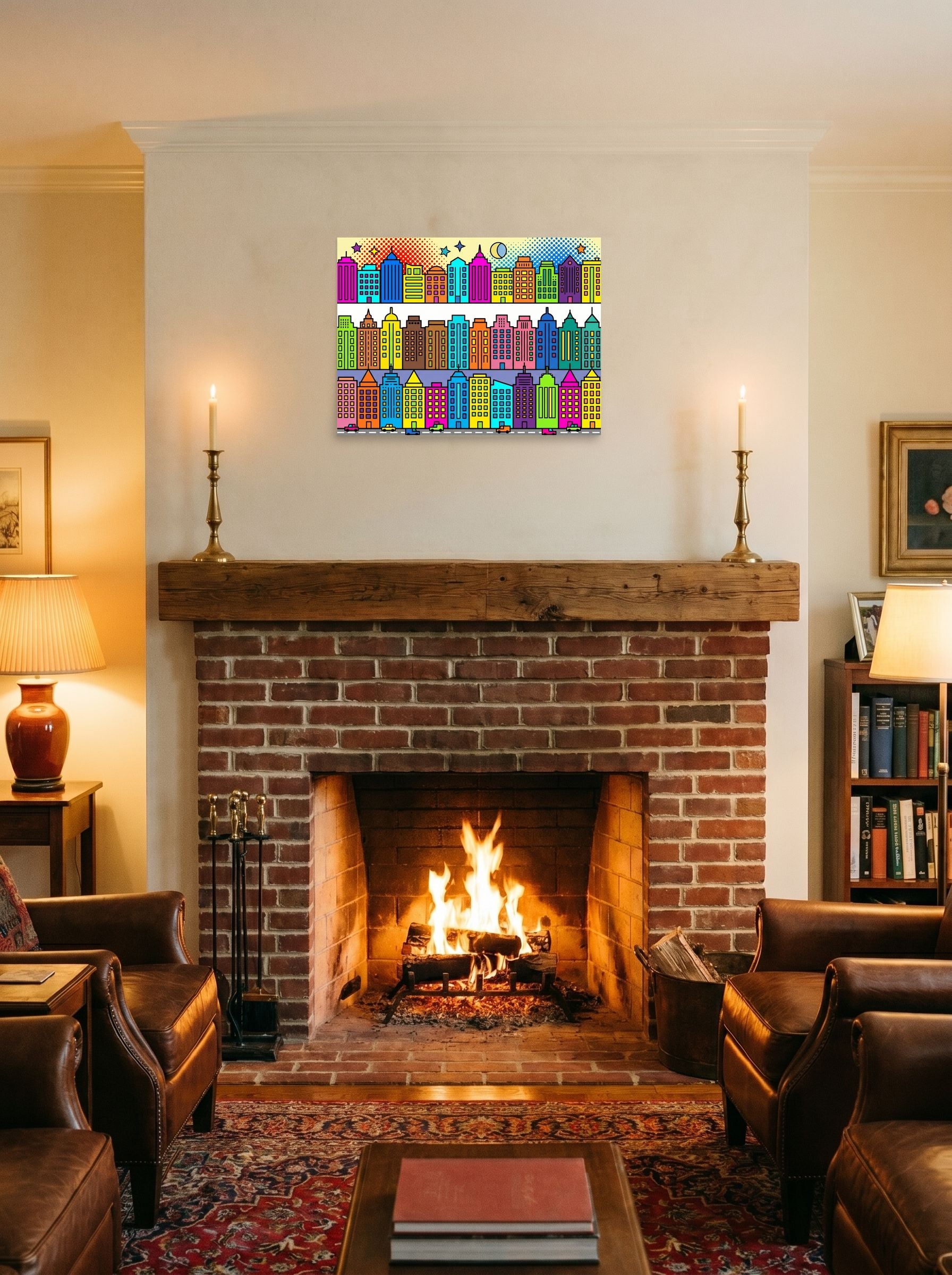 A 24x18 inch unframed paper Pop art print of 'Bright City Blocks' displayed above a fireplace.