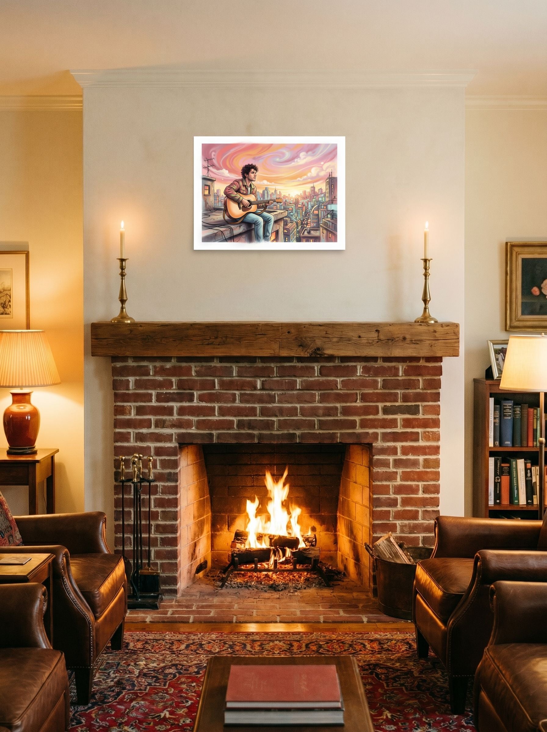 A 24x18 inch unframed paper American Scene Painting print of 'Rooftop Rhythms' displayed above a fireplace.