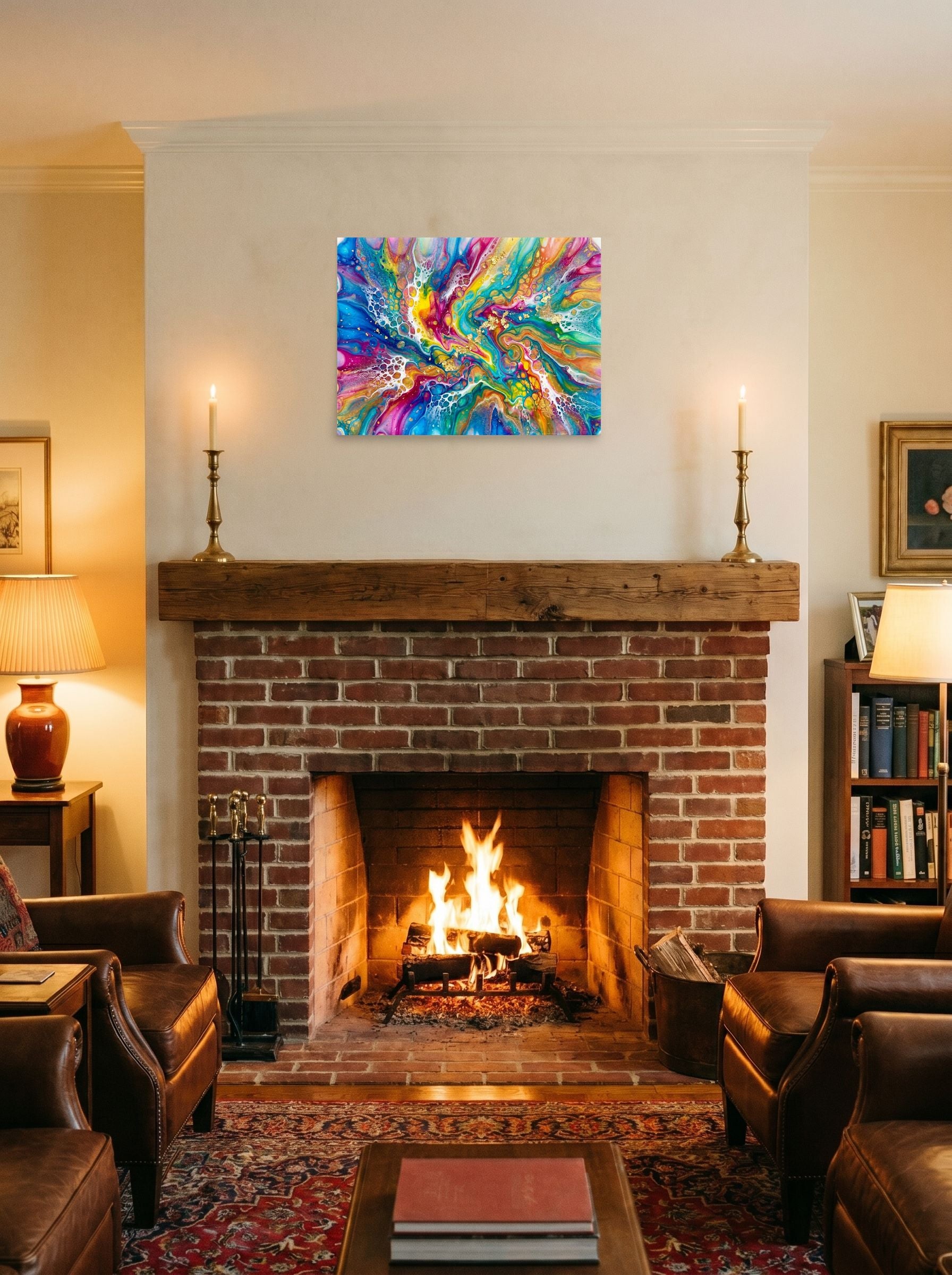 A 24x18 inch unframed paper Abstract art print of 'Rainbow Burst' displayed above a fireplace.