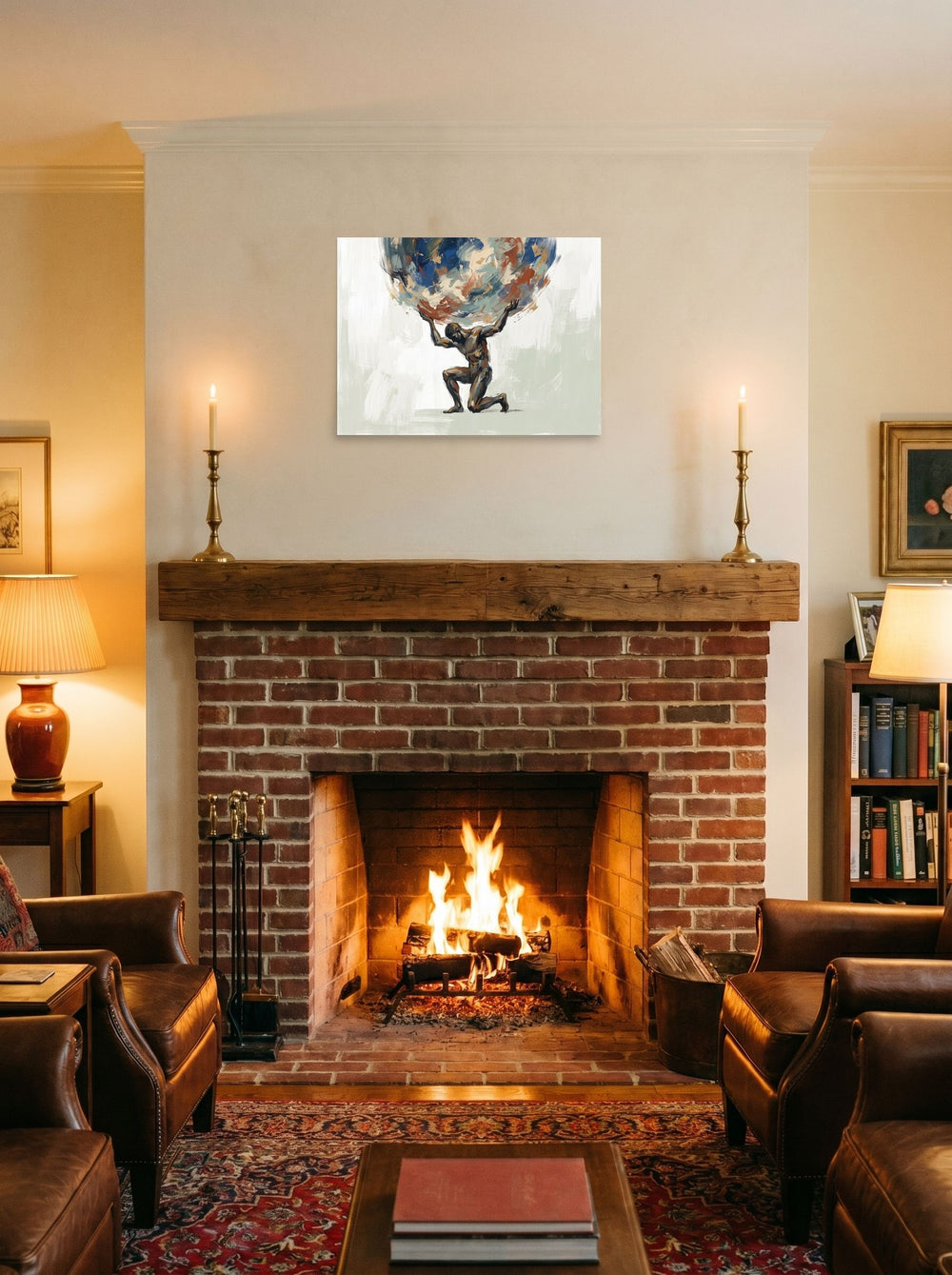 A 24x18 inch unframed paper Expressionism print of 'The Weight of the World', hung over a fireplace as a focal point.