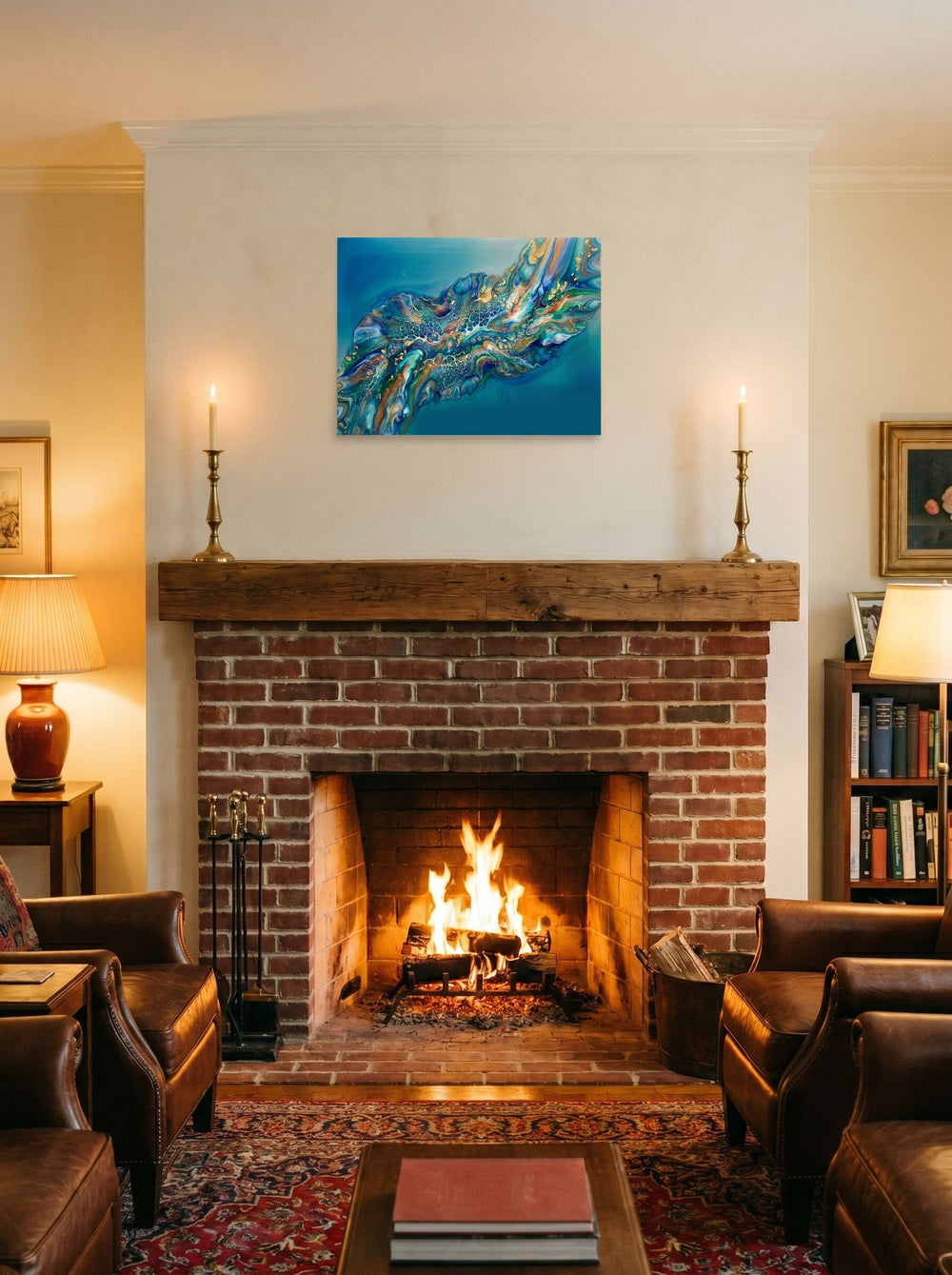A 24x18 inch unframed paper Abstract art print of 'Teal Nebula' displayed above a fireplace.