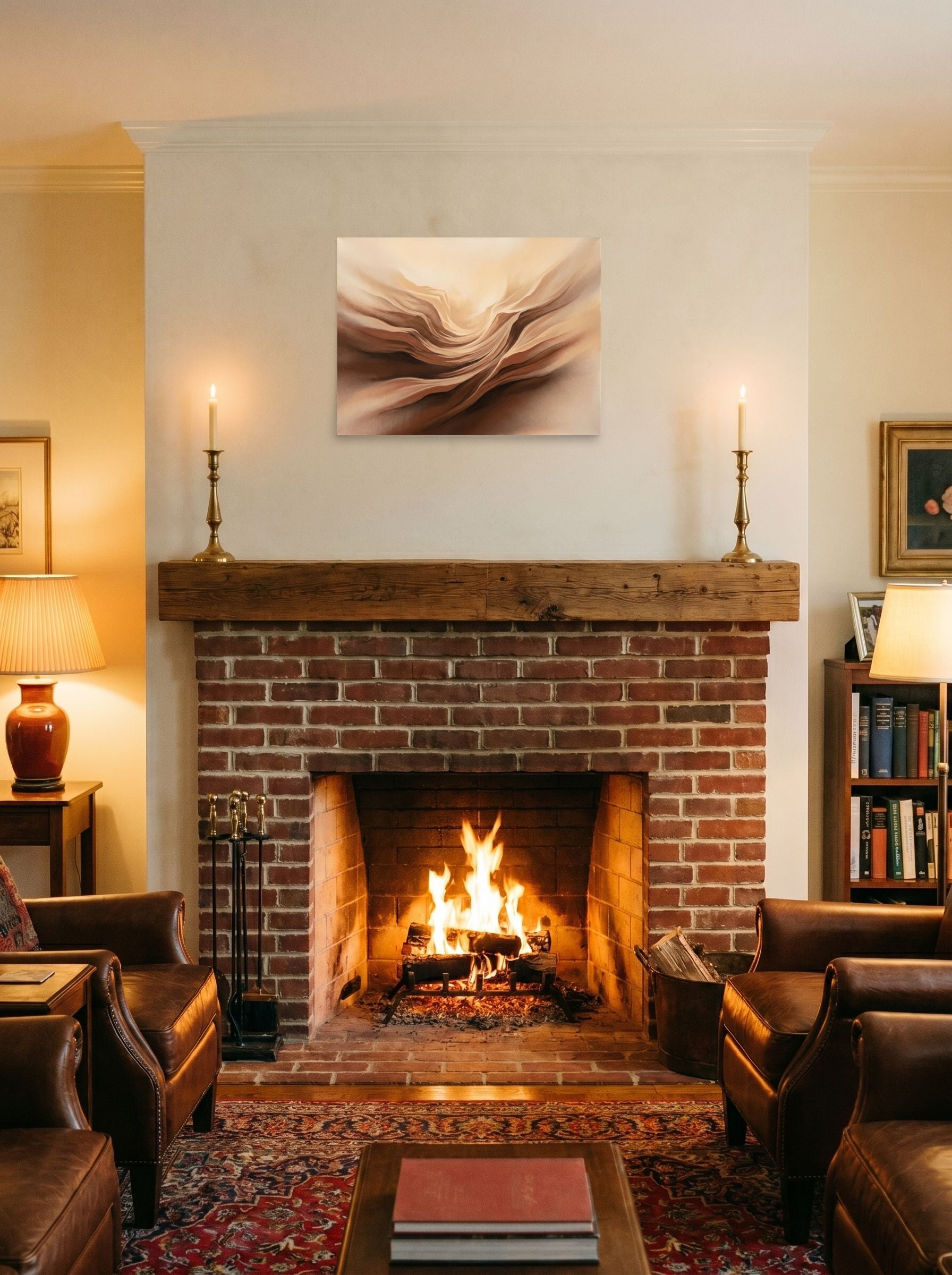 A 24x18 inch unframed paper Abstract art print of 'Earthly Folds' displayed above a fireplace.