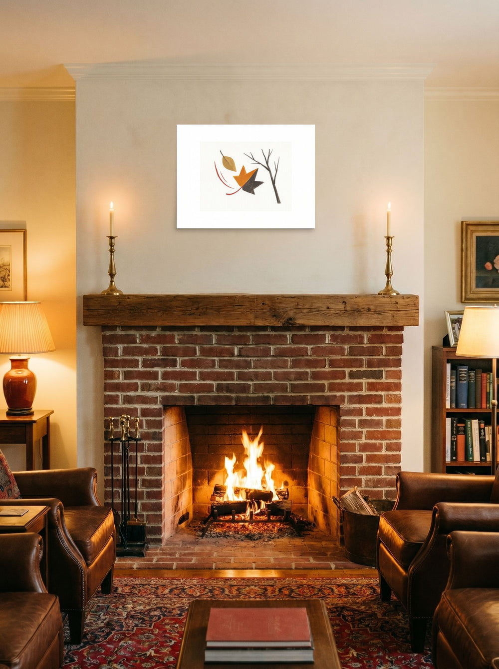 'The Final Leaf' styled on a mantel above a fireplace, printed as unframed paper at 24x18 inch.