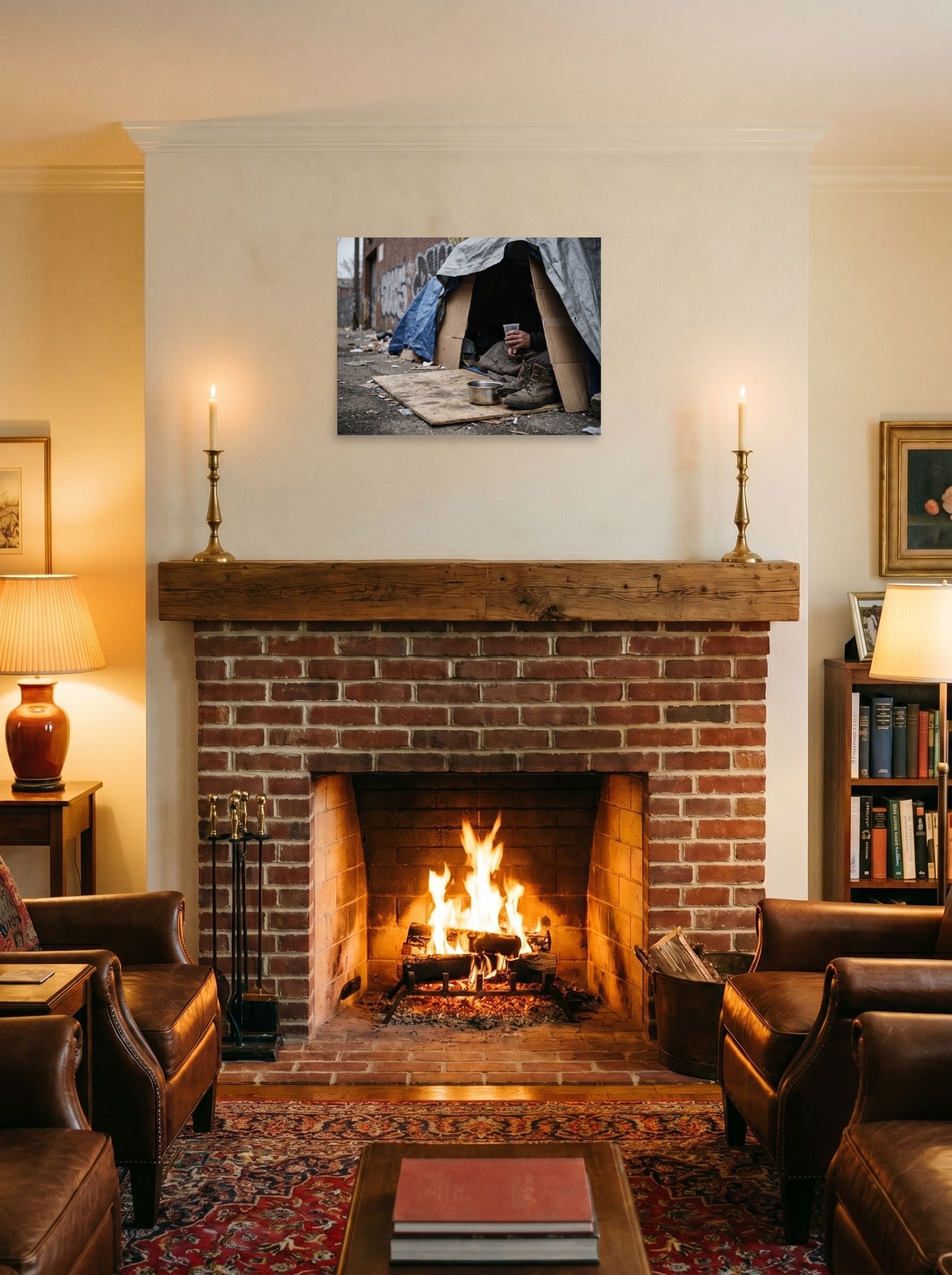 A 24x18 inch unframed paper Art photography print of 'Urban Realities' displayed above a fireplace.