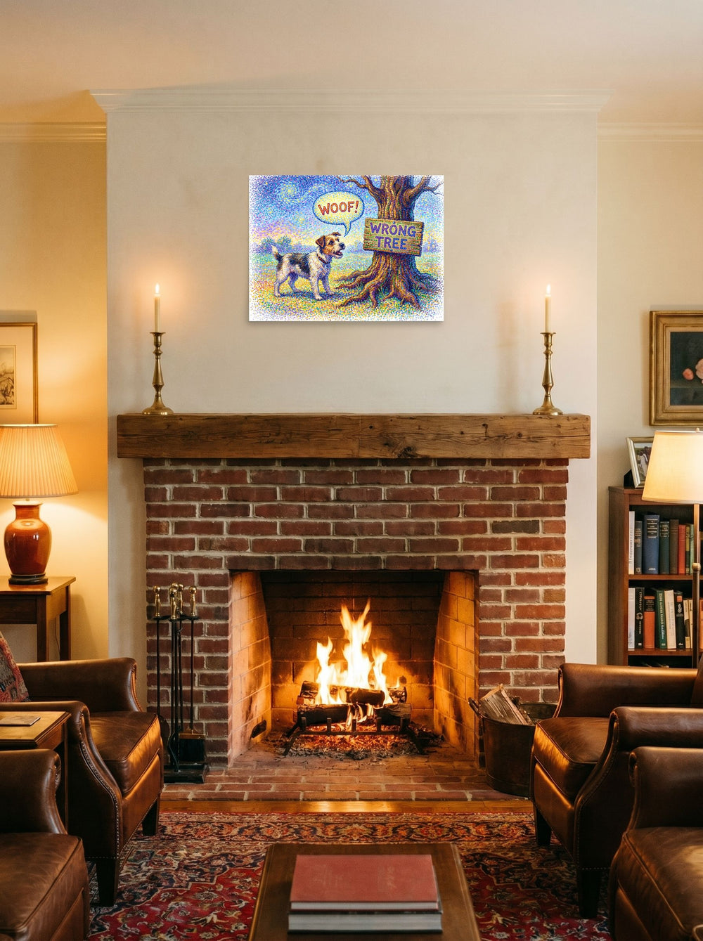 A unframed paper print of the Pointillism artwork 'Barking Up the Wrong Tree', displayed above a fireplace.