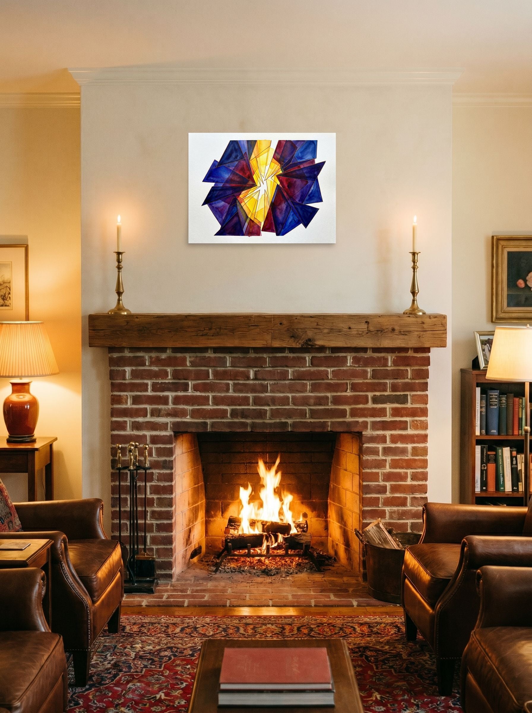 A 24x18 inch unframed paper Abstract art print of 'The Long Hour' displayed above a fireplace.