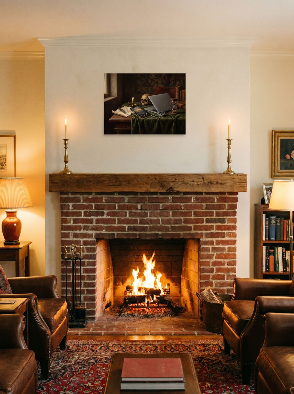The Vanitas print 'Digital Vanitas', 24x18 inch unframed paper, styled on a mantel above a fireplace.