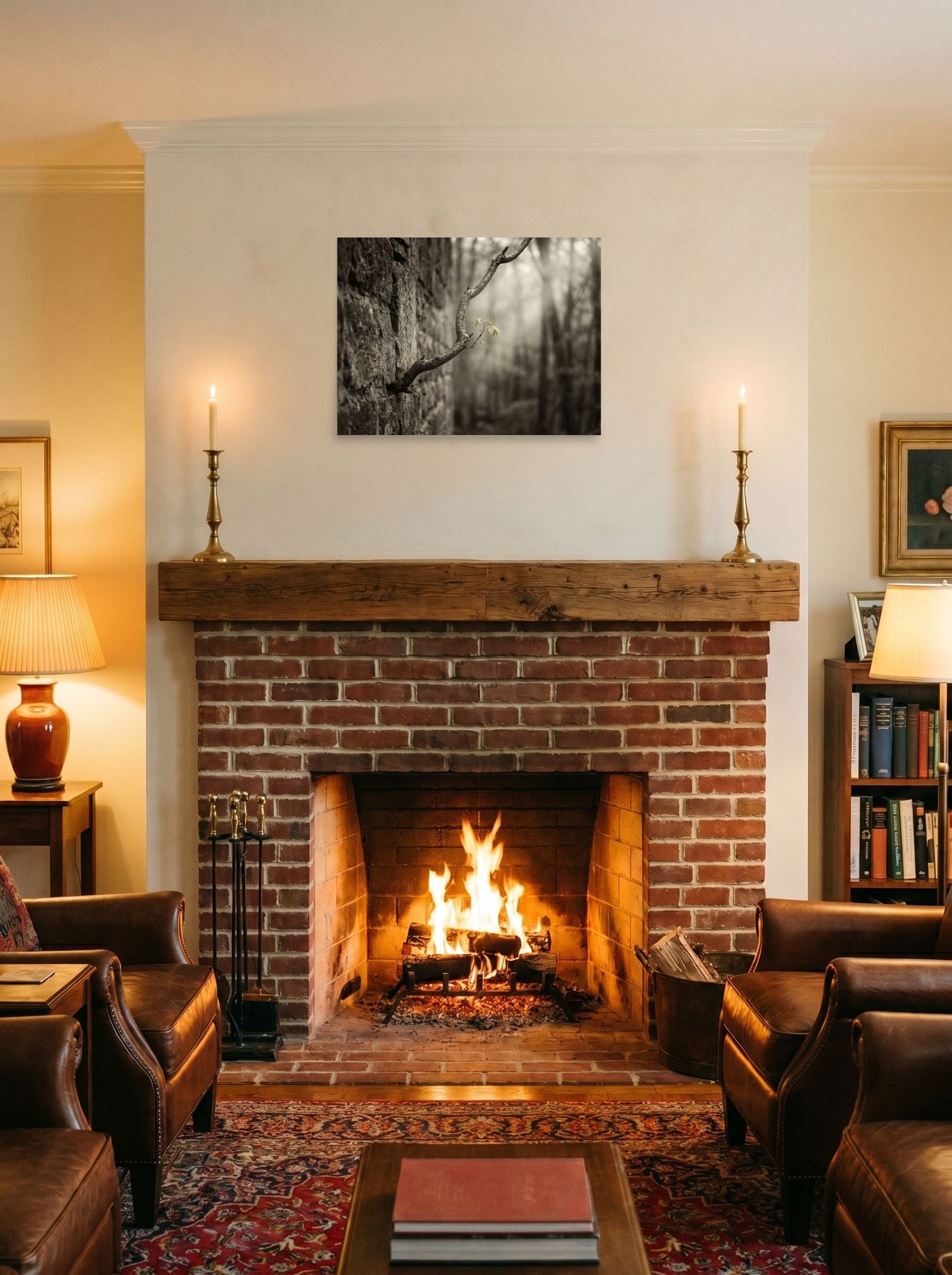 A 24x18 inch unframed paper Art photography print of 'Stone and Sprout' displayed above a fireplace.
