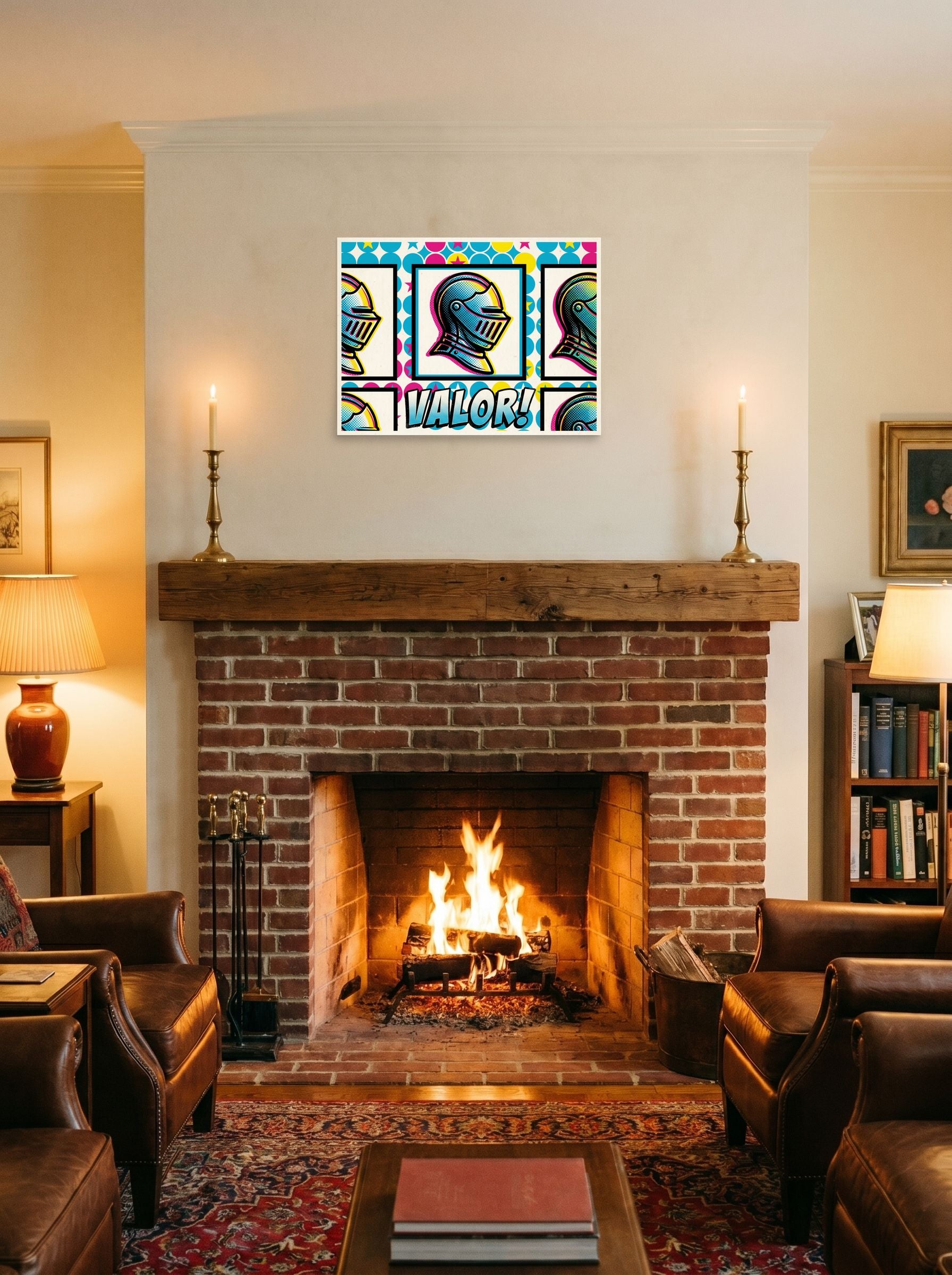 A 24x18 inch unframed paper Pop art print of 'Pop Art Valor' displayed above a fireplace.