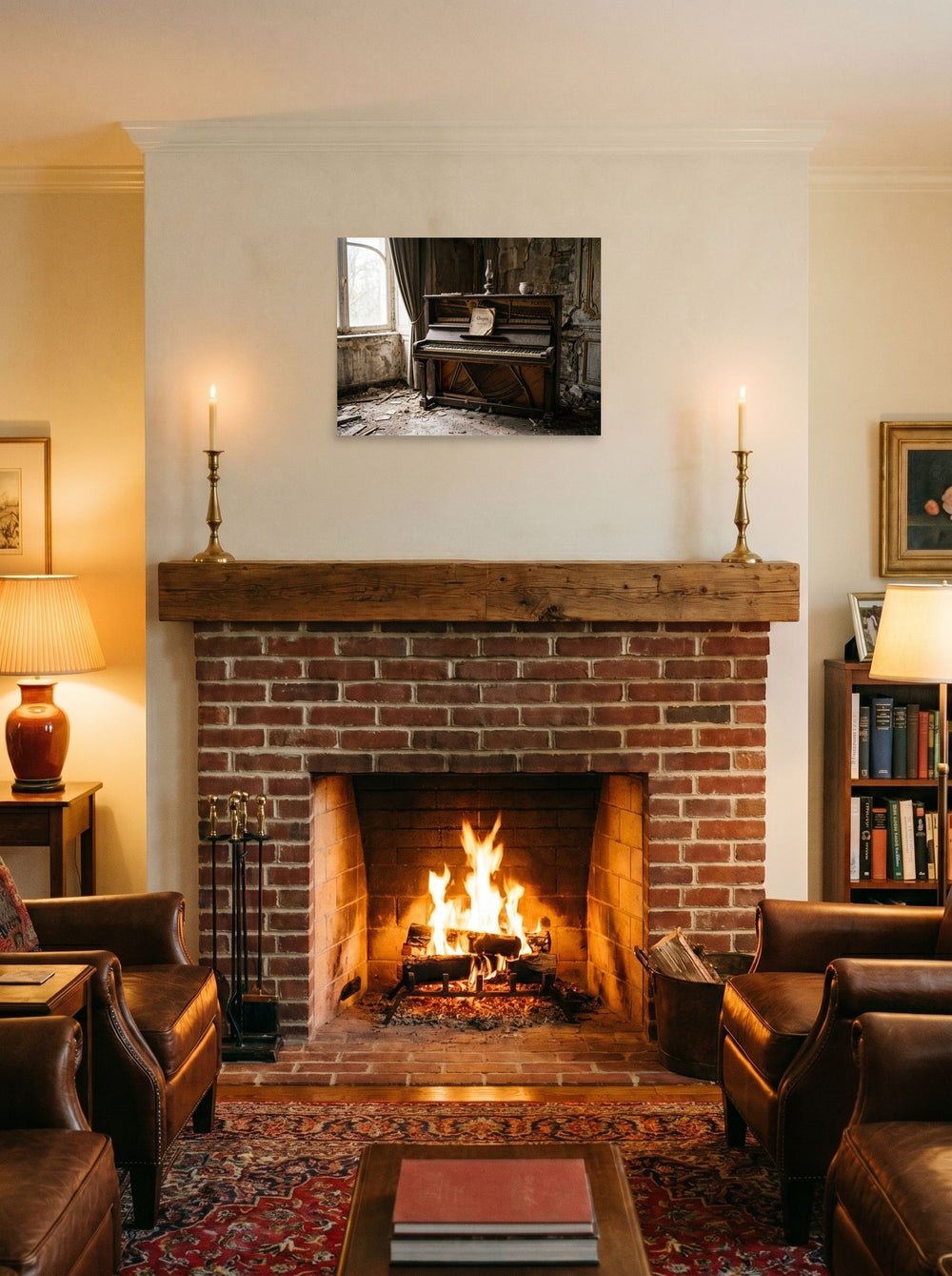 A 24x18 inch unframed paper Art photography print of 'The Forgotten Melody' displayed above a fireplace.