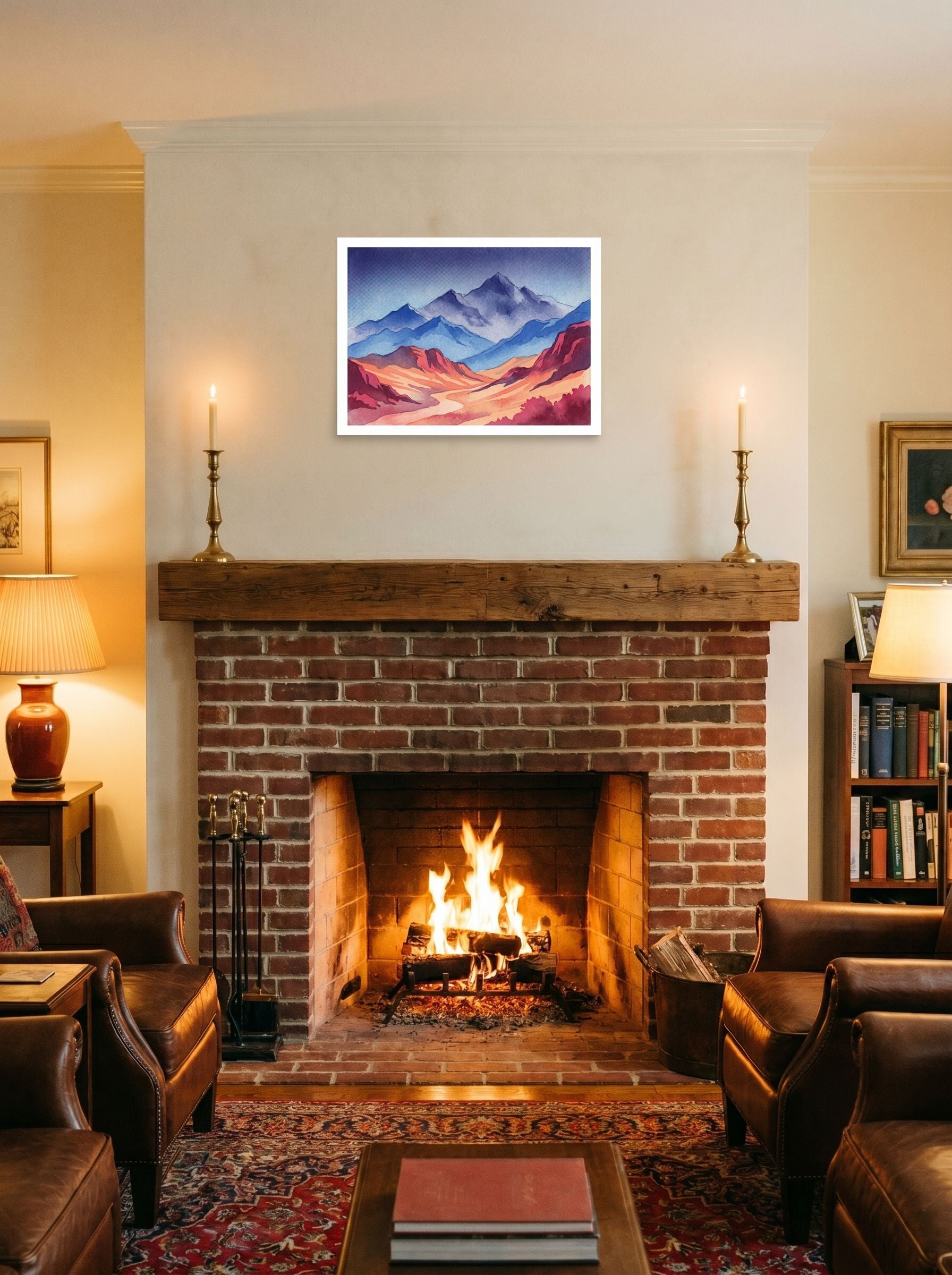 A 24x18 inch unframed paper Realism print of 'Mountain Dawn' displayed above a fireplace.