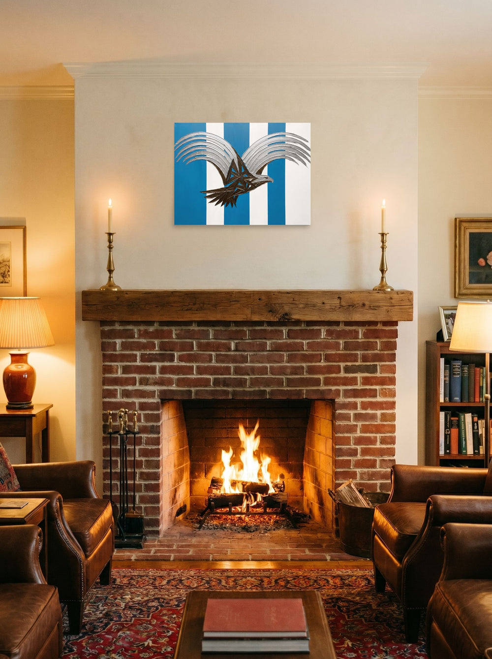 A 24x18 inch unframed paper Art Deco print of 'Deco Eagle in Flight' displayed above a fireplace.