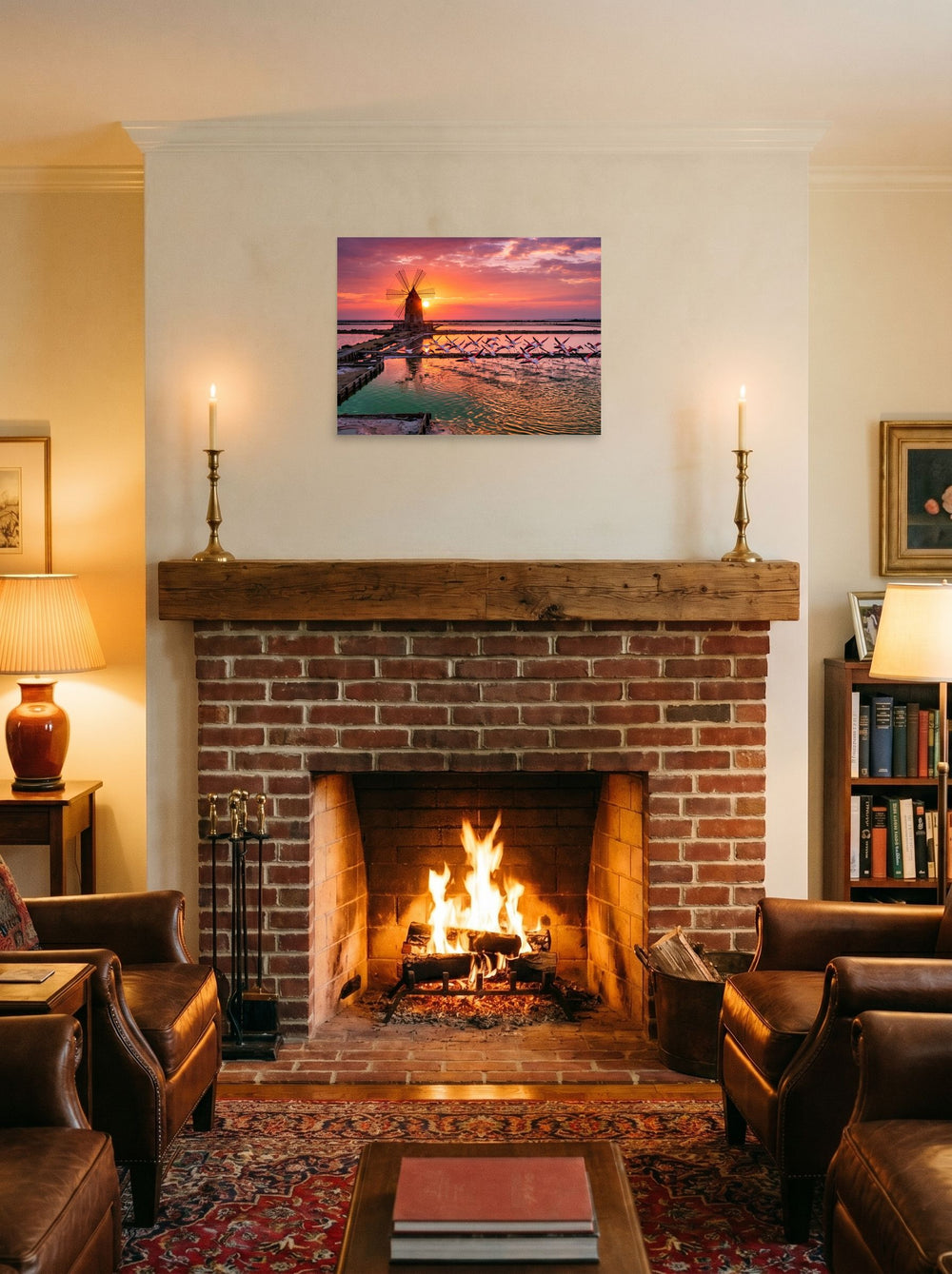 'Flamingos at Dusk', a Art photography print hung over a fireplace as a focal point. Shown as unframed paper, 24x18 inch.
