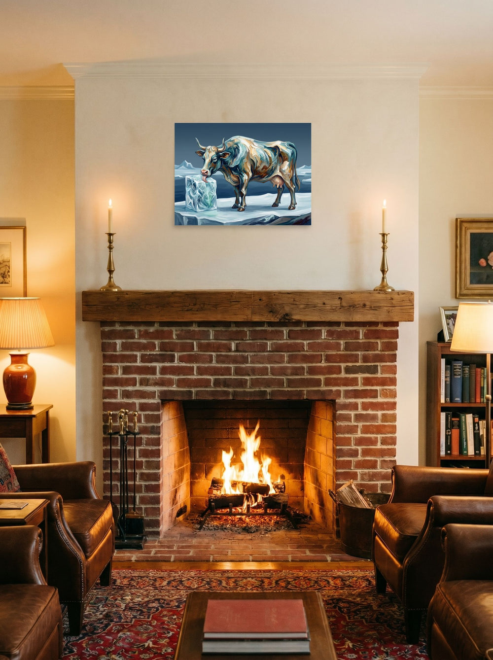 'Primeval Audhumla' as a unframed paper print, 24x18 inch, displayed above a fireplace.