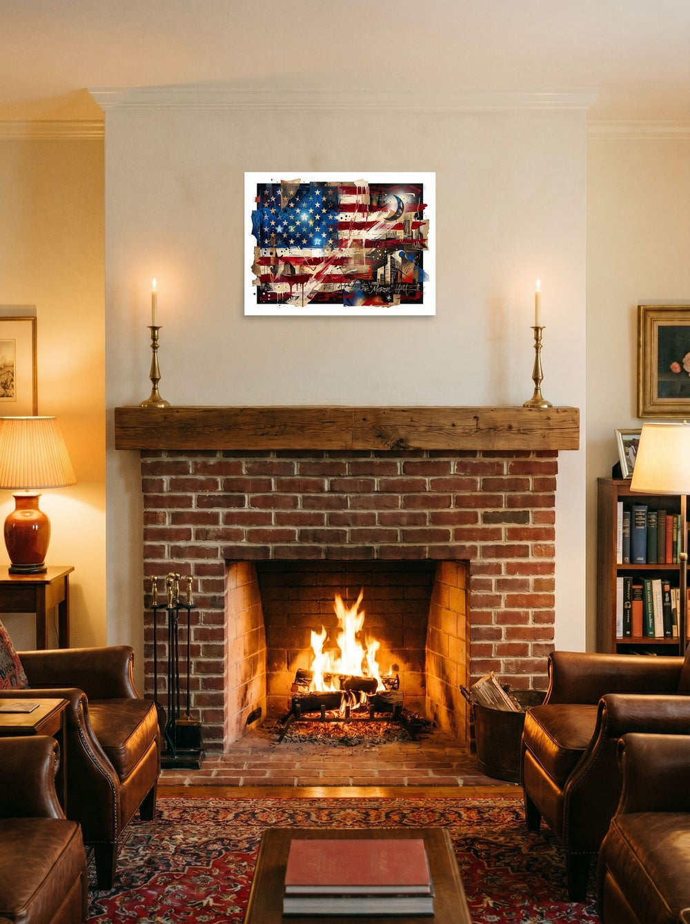 unframed paper wall art 'Deconstructed Anthem' displayed above a fireplace, at 24x18 inch.