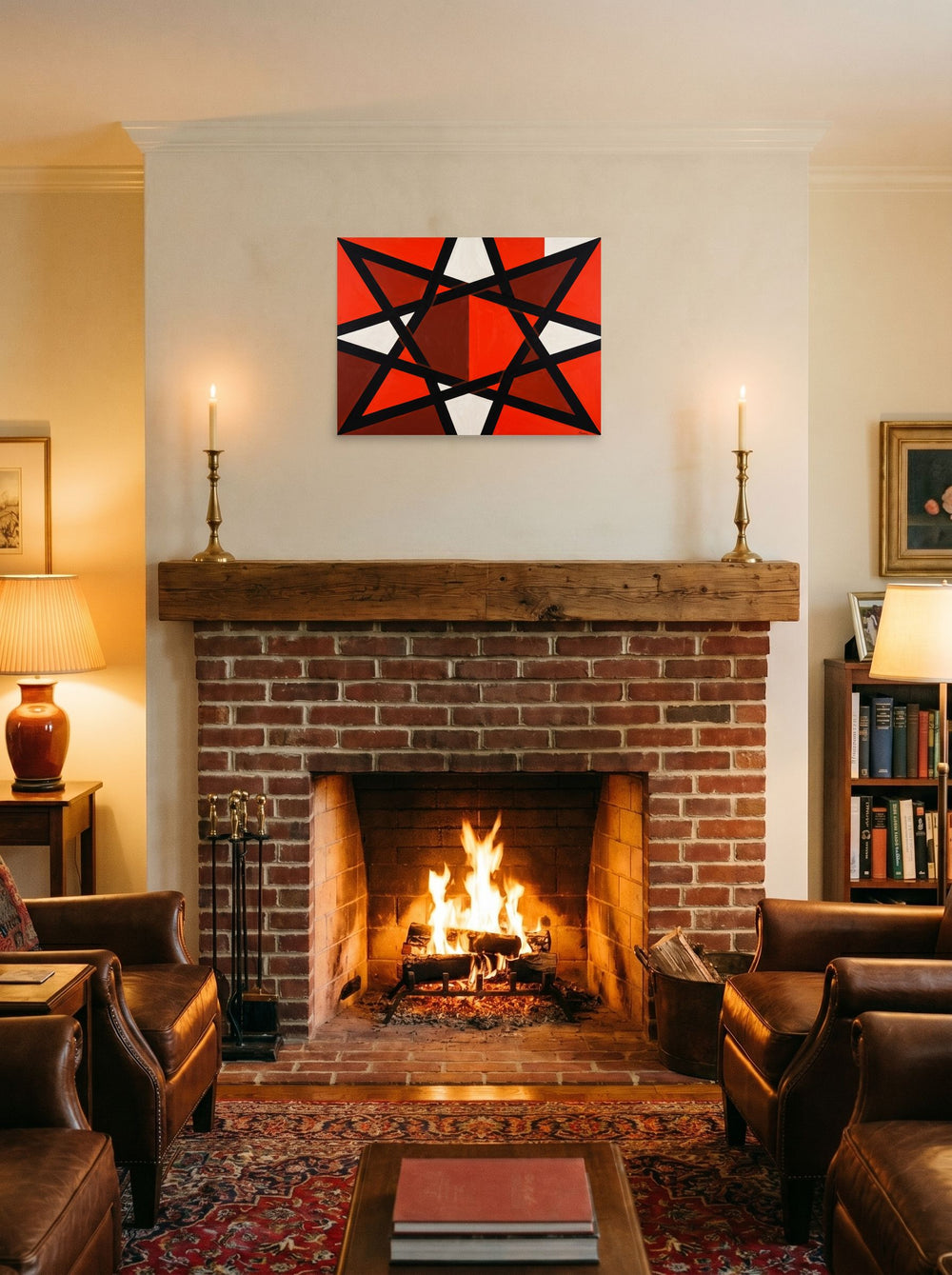 Constructivism wall art 'Prismatic Intersect', unframed paper at 24x18 inch, styled on a mantel above a fireplace.