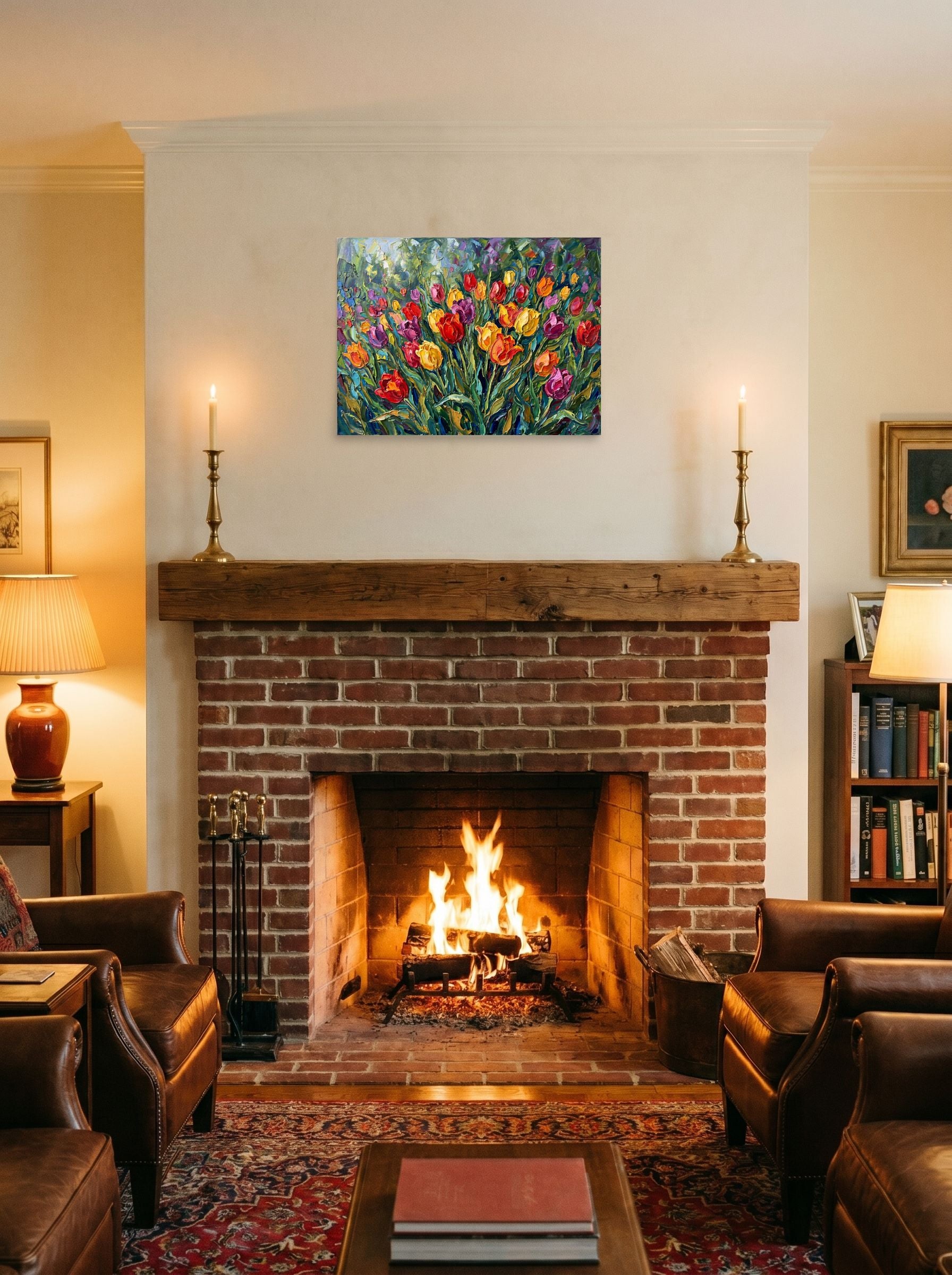 A 24x18 inch unframed paper Impressionism print of 'Tulip Symphony' displayed above a fireplace.