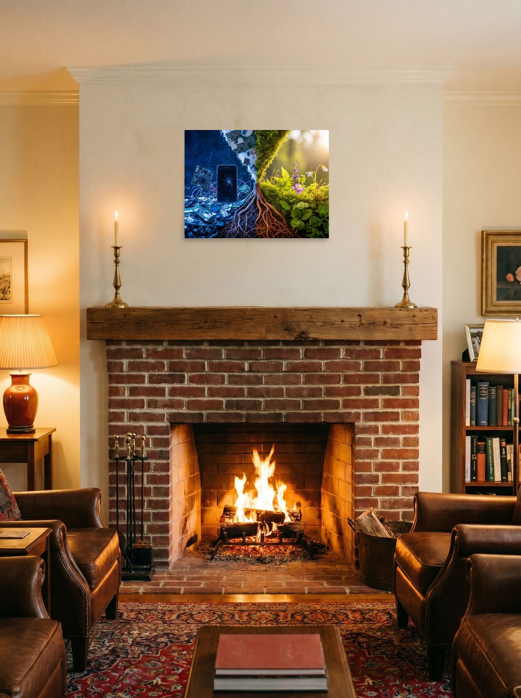 A 24x18 inch unframed paper Surrealism print of 'E-Waste Nature' displayed above a fireplace.