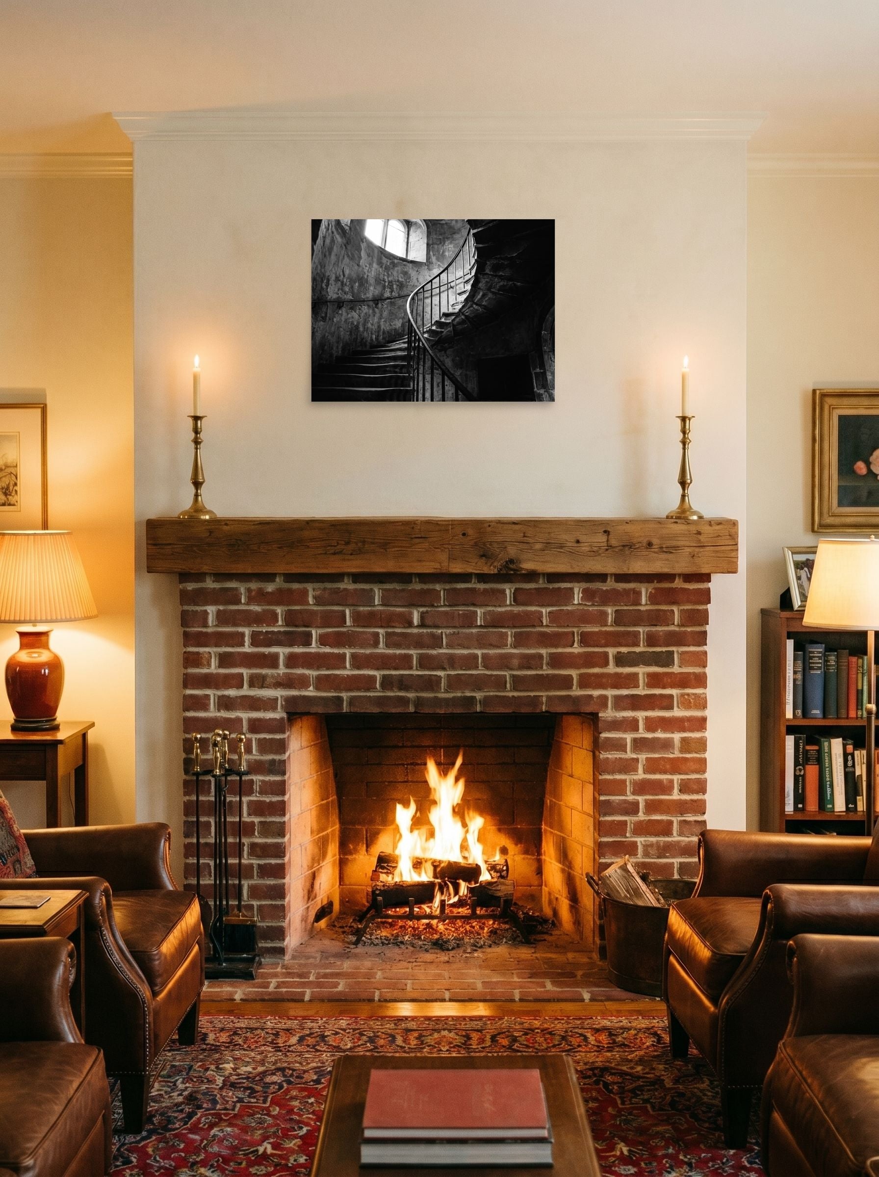 A 24x18 inch unframed paper Art photography print of 'Ascending Shadows' displayed above a fireplace.