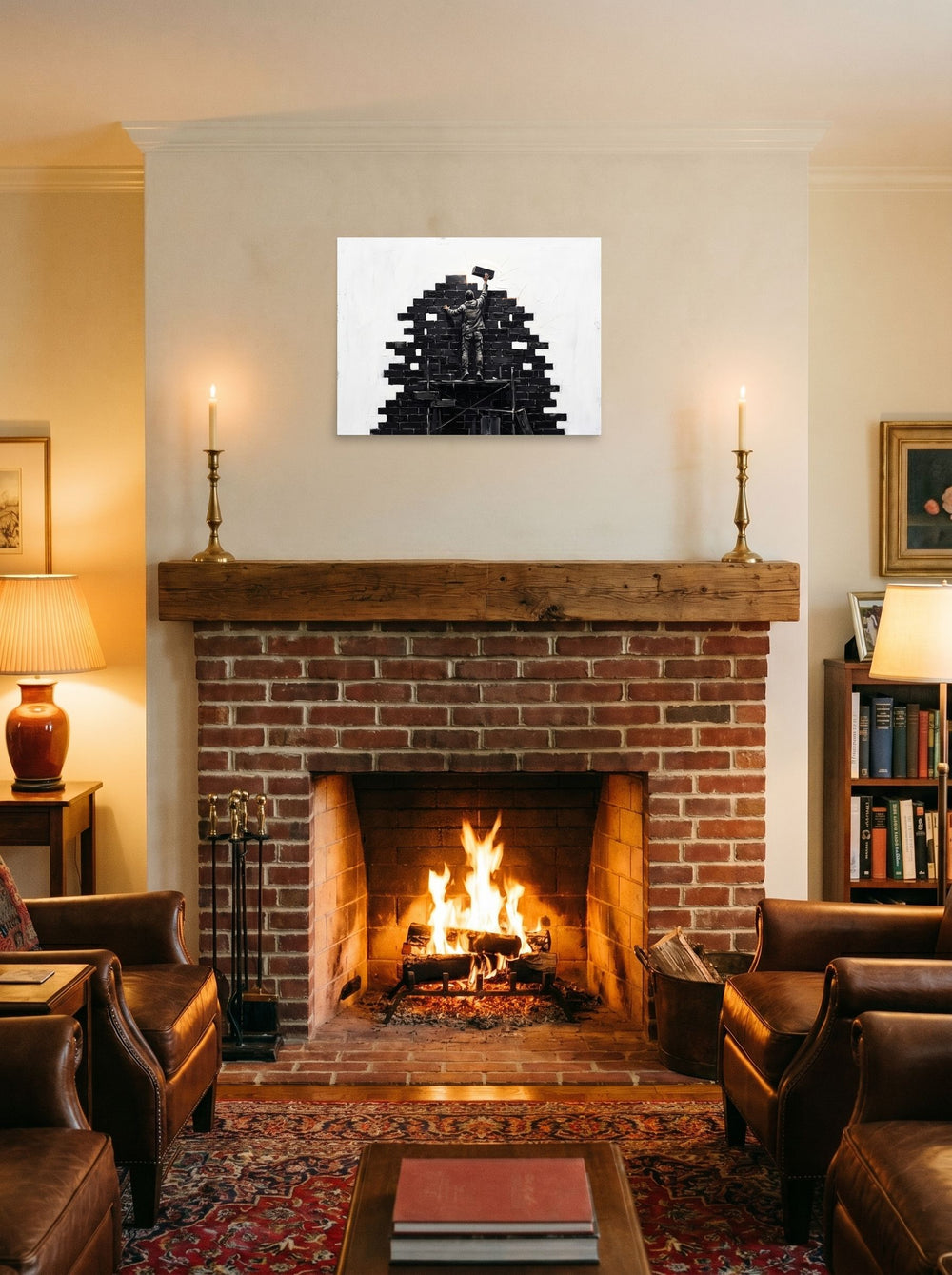 The unframed paper print 'Brick by Brick' hung over a fireplace as a focal point, shown at 24x18 inch.