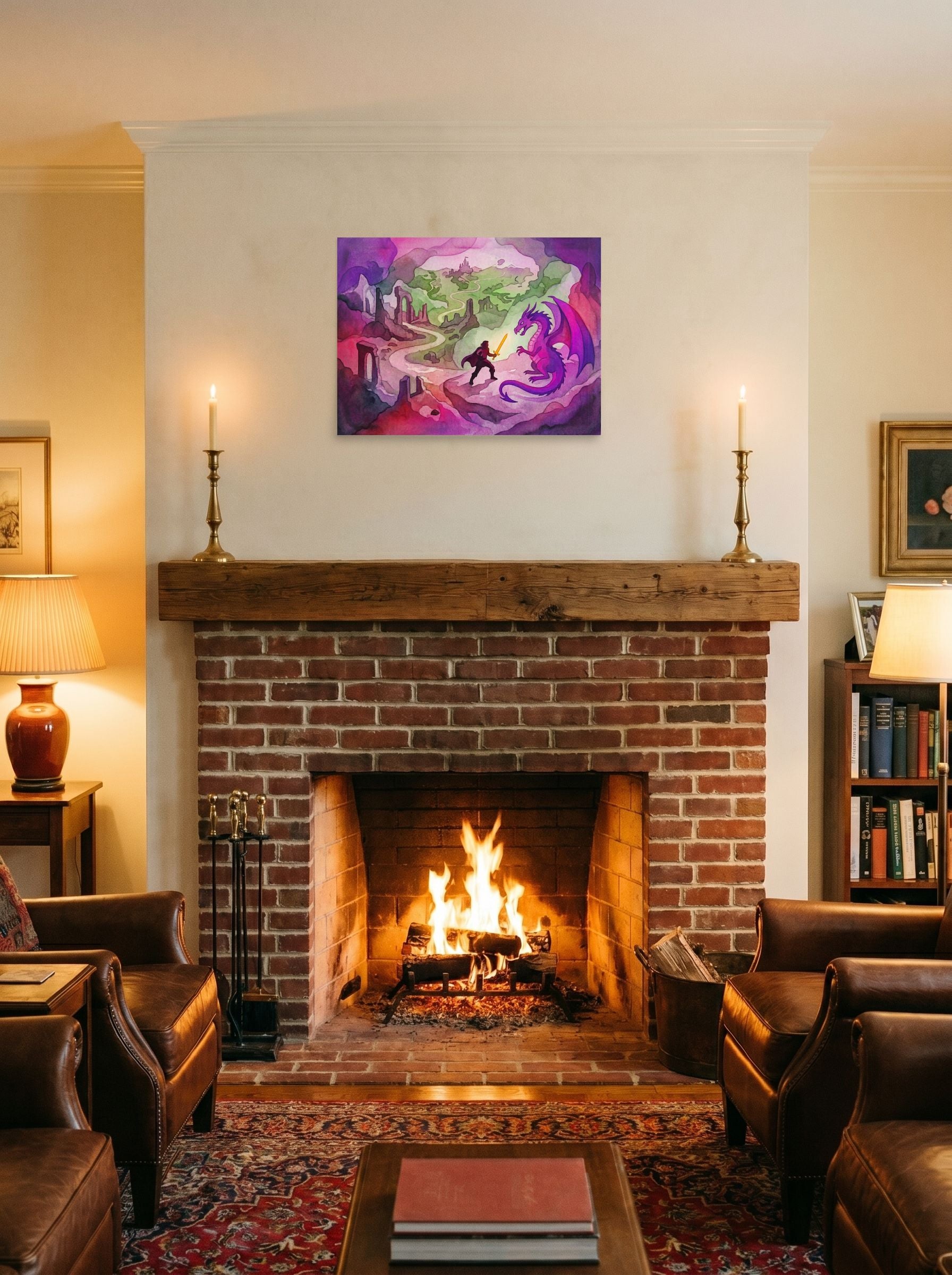 A 24x18 inch unframed paper Fantastic realism print of 'The Dragon's Challenge' displayed above a fireplace.